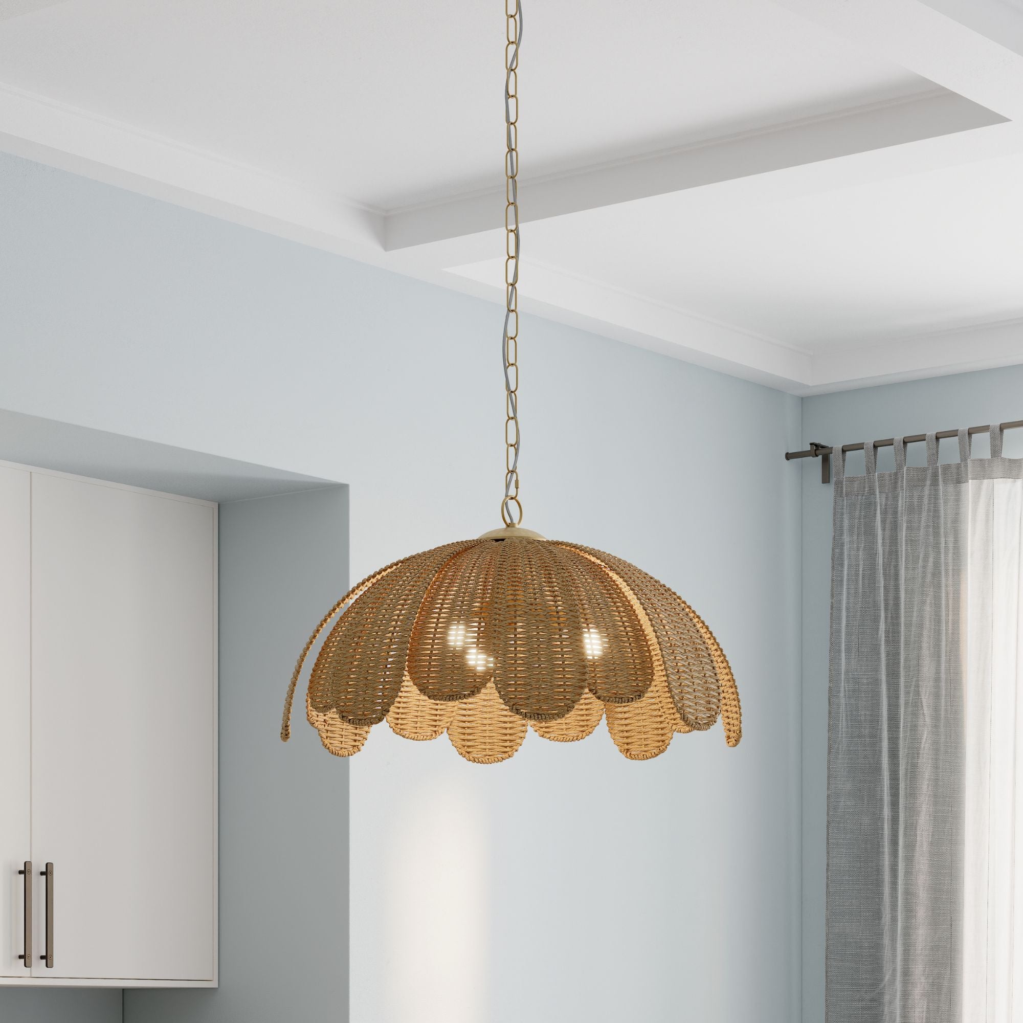 Minka-Lavery Covea 30 in. 3-Light Pendant, Legacy Brass & Natural with Fabric Shade