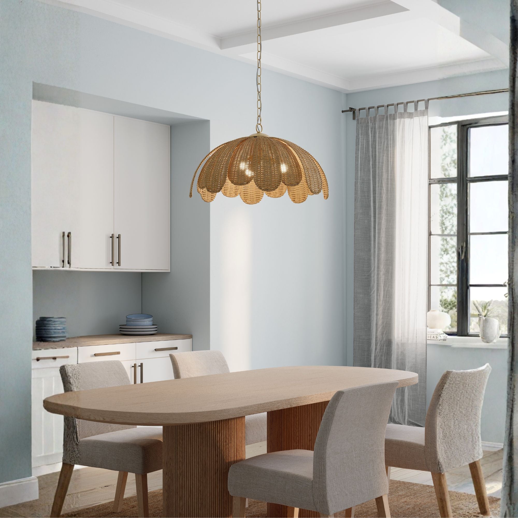 Minka-Lavery Covea 30 in. 3-Light Pendant, Legacy Brass & Natural with Fabric Shade