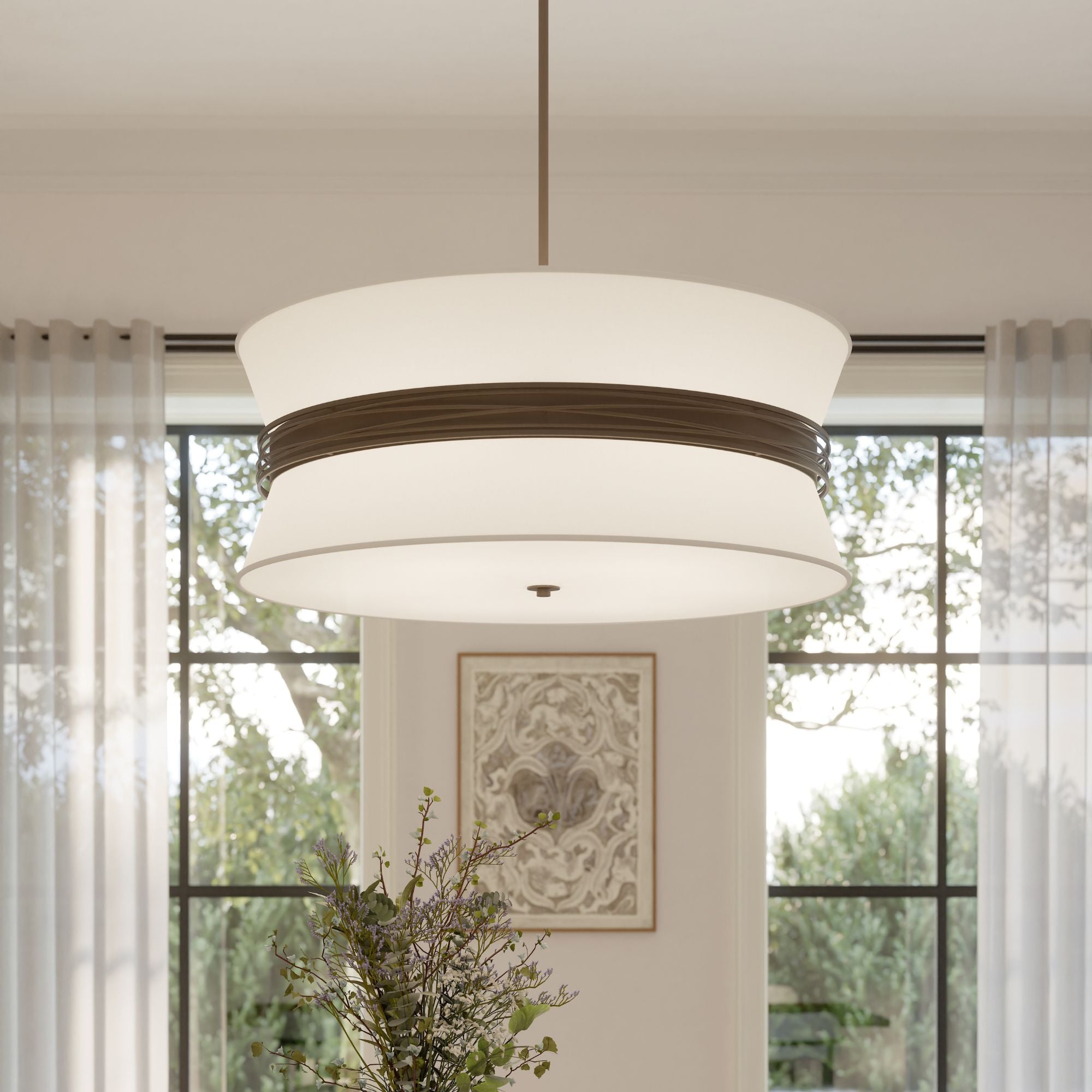 Minka-Lavery Dalvor 36 in. 6-Light Pendant, Dark Bronze with White Linen Drum Shades