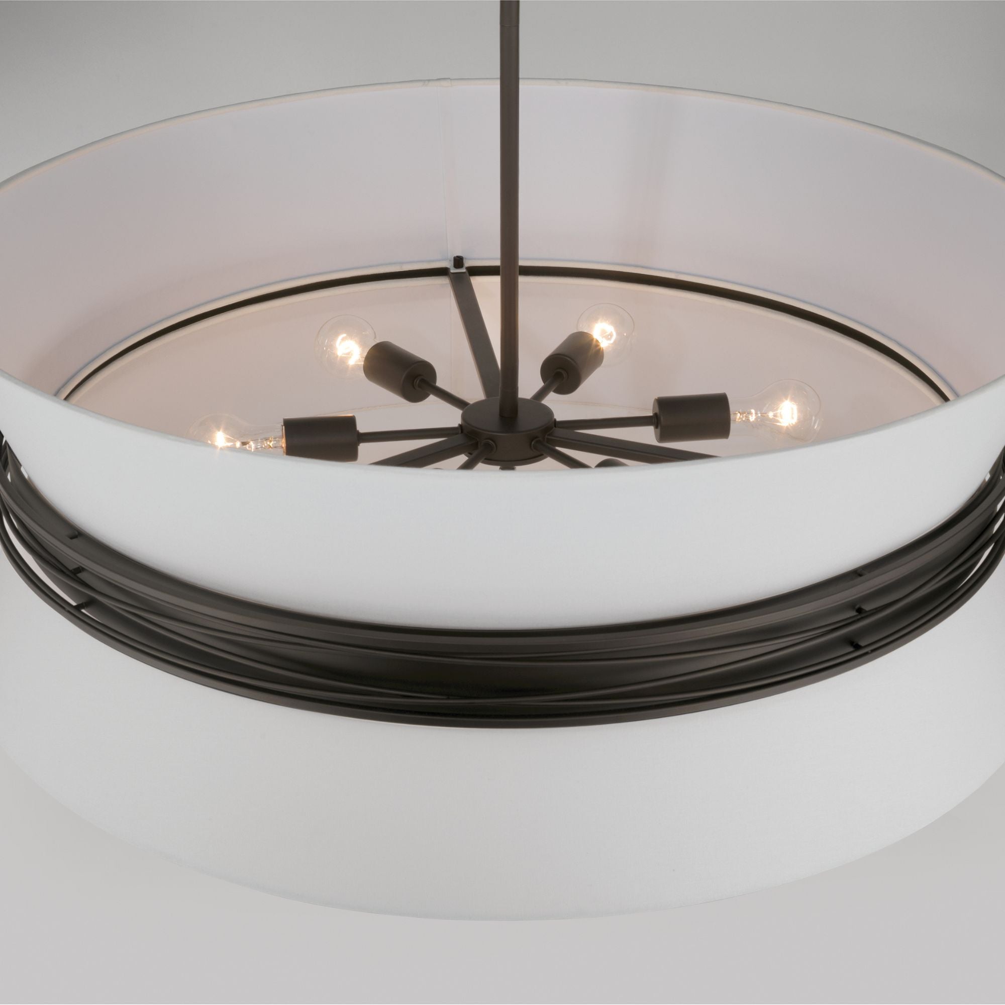 Minka-Lavery Dalvor 36 in. 6-Light Pendant, Dark Bronze with White Linen Drum Shades