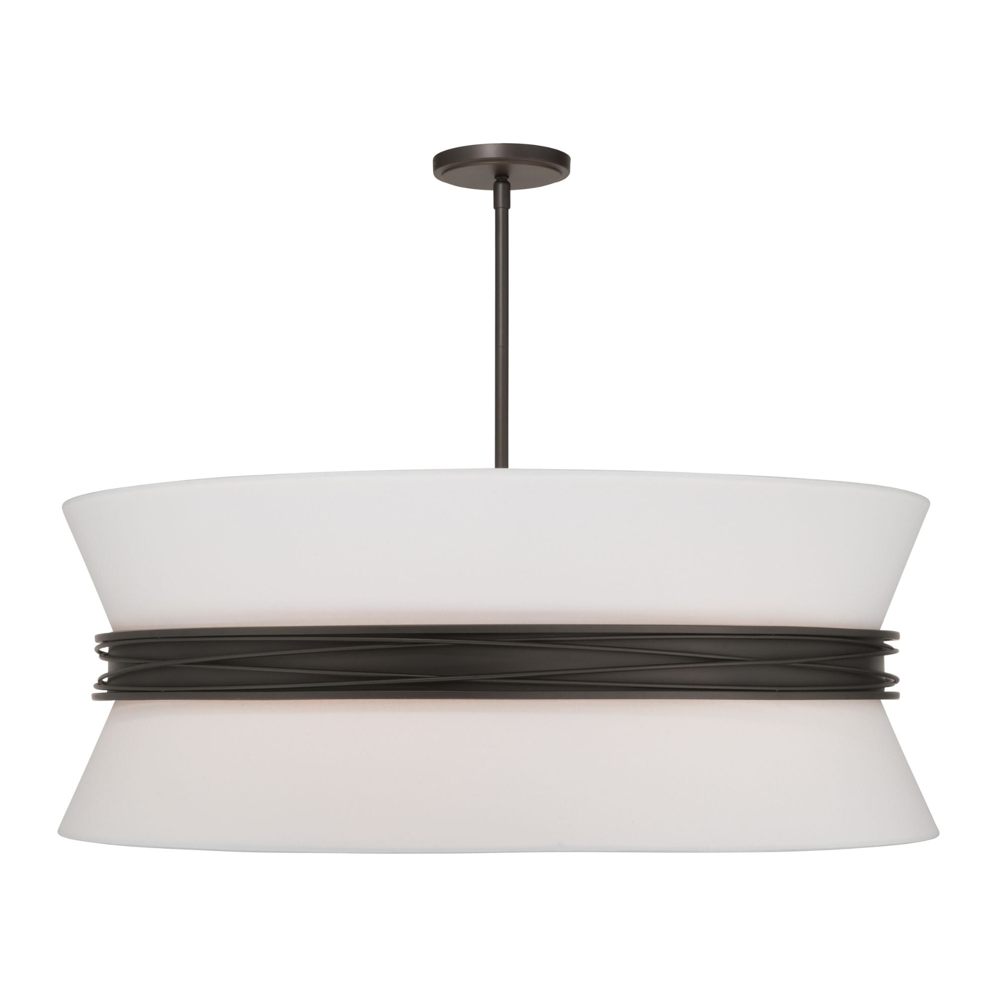 Minka-Lavery Dalvor 36 in. 6-Light Pendant, Dark Bronze with White Linen Drum Shades