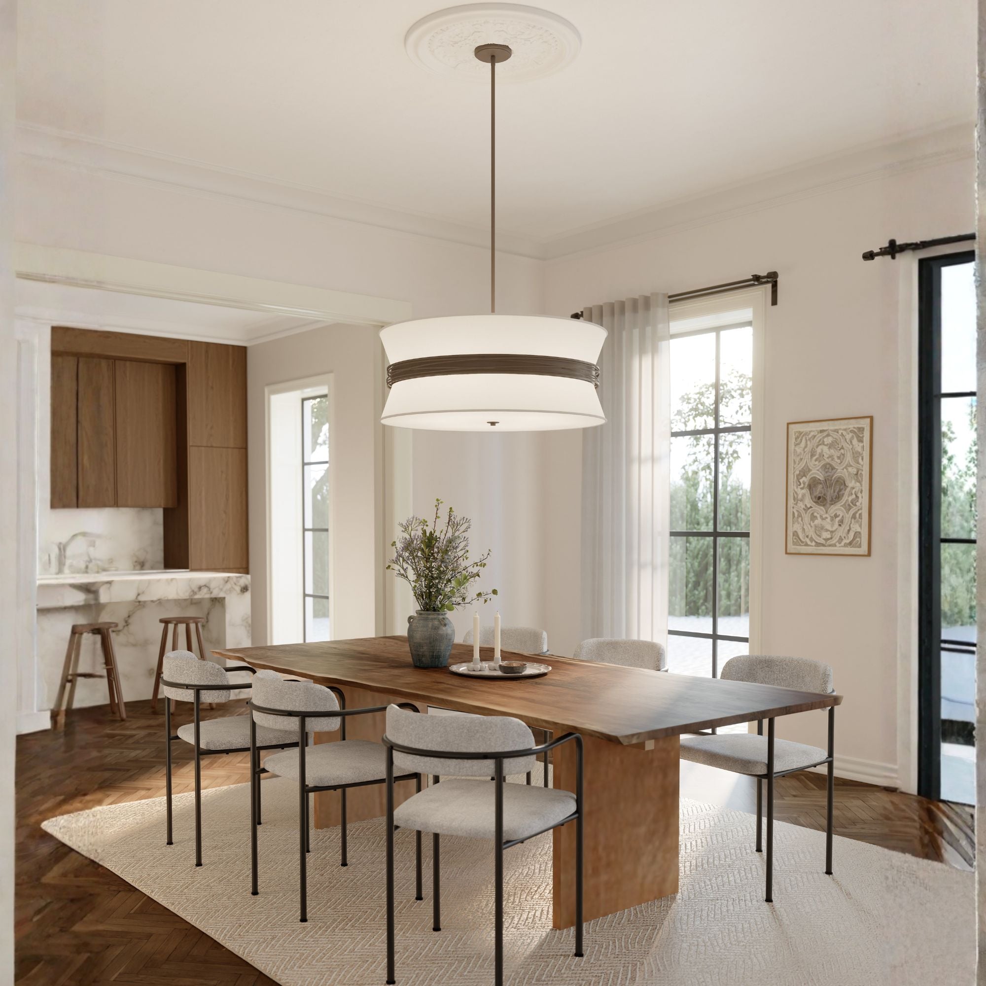 Minka-Lavery Dalvor 36 in. 6-Light Pendant, Dark Bronze with White Linen Drum Shades