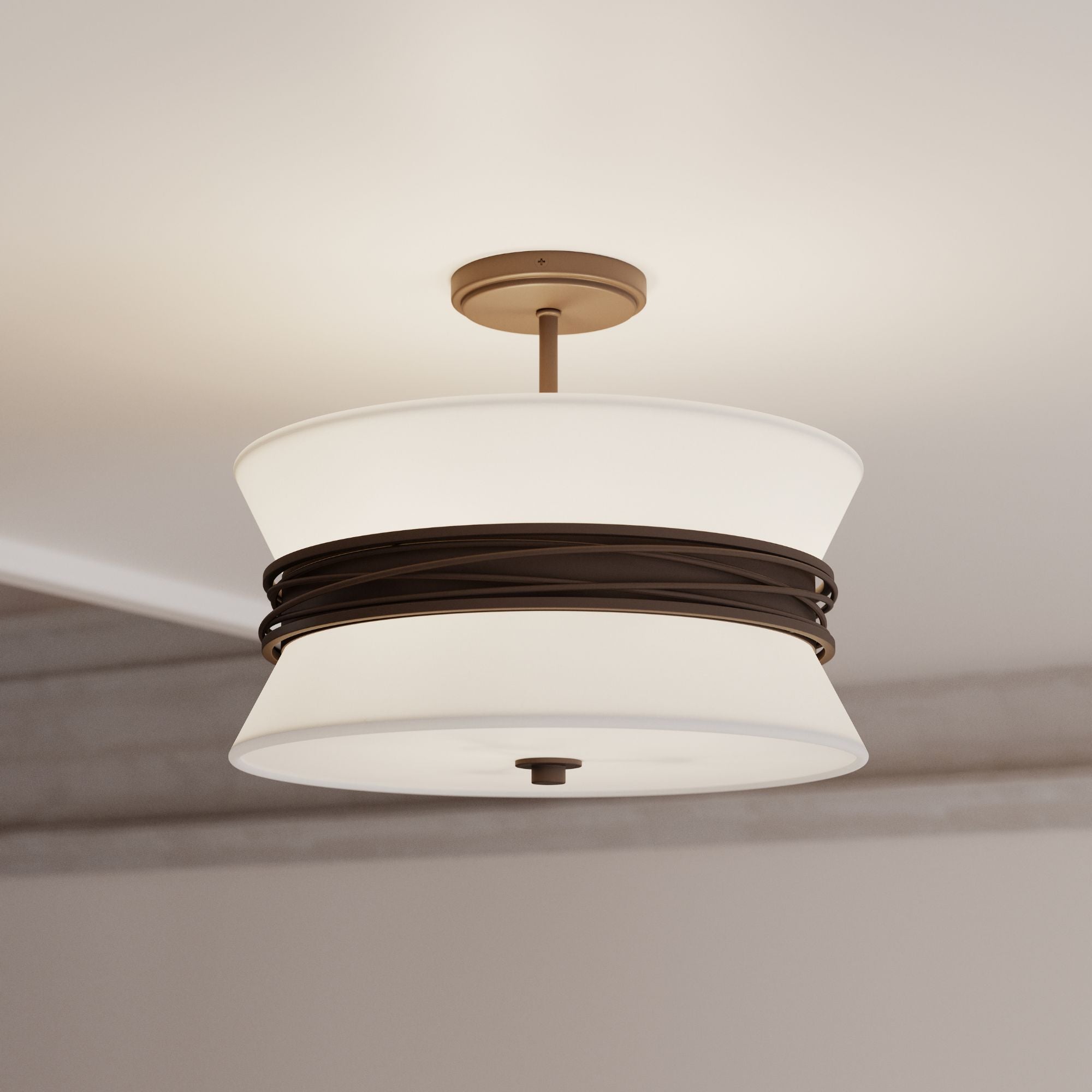 Minka-Lavery Dalvor 15 in. 3-Light Semi-Flush Mount, Dark Bronze with White Linen Tapered Shades