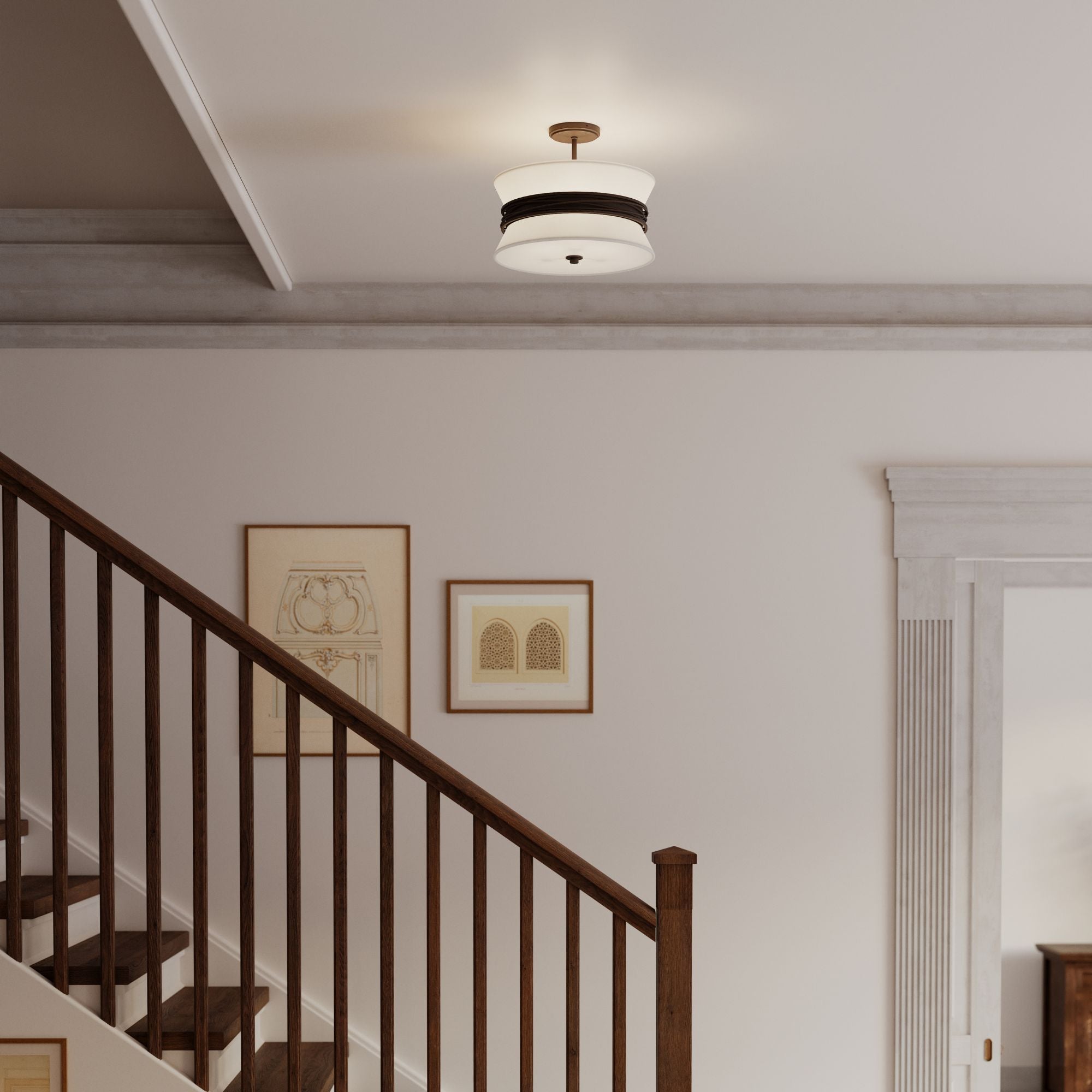 Minka-Lavery Dalvor 15 in. 3-Light Semi-Flush Mount, Dark Bronze with White Linen Tapered Shades