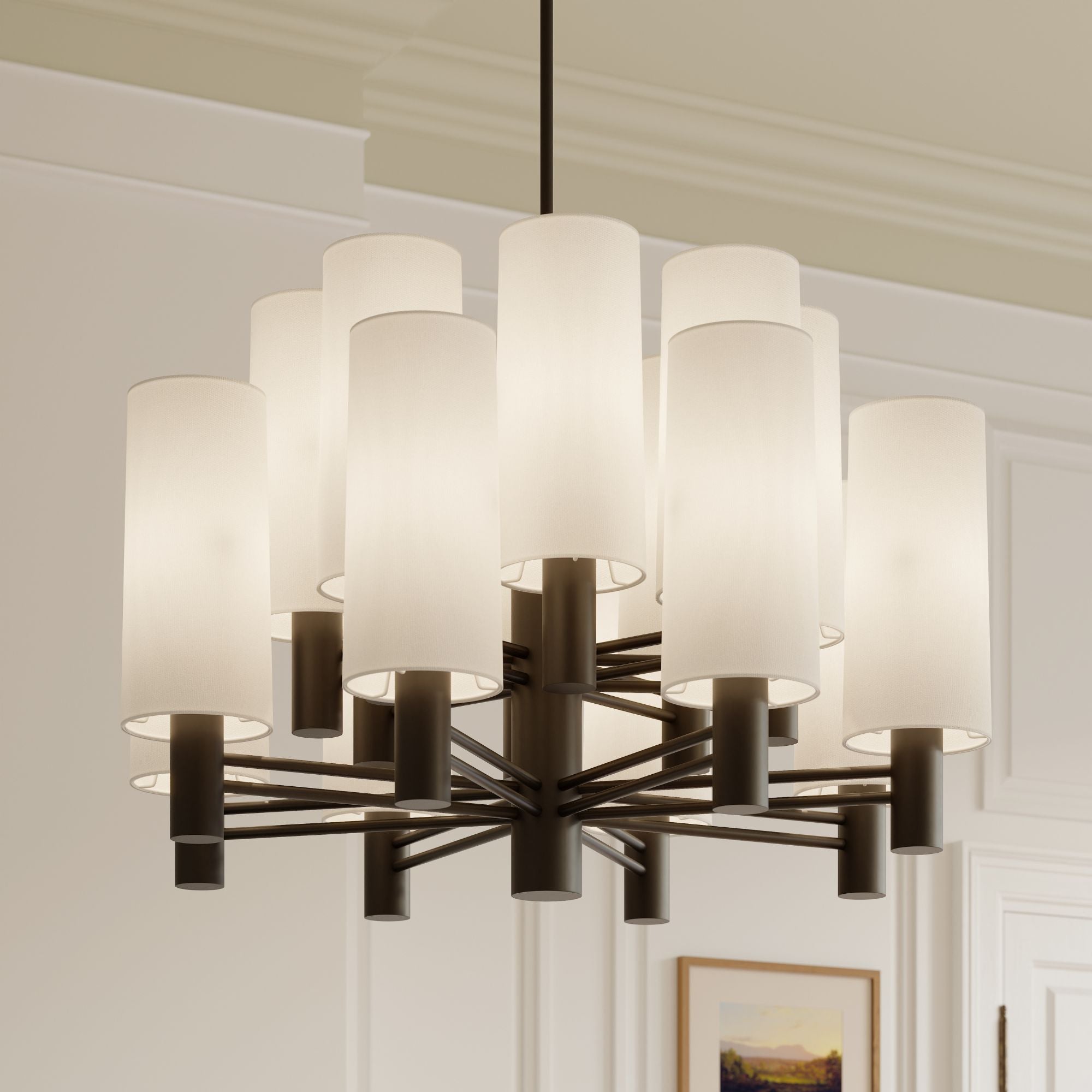 Minka-Lavery Draxen 34 in. 16-Light Chandelier, Dark Bronze with White Linen Shades