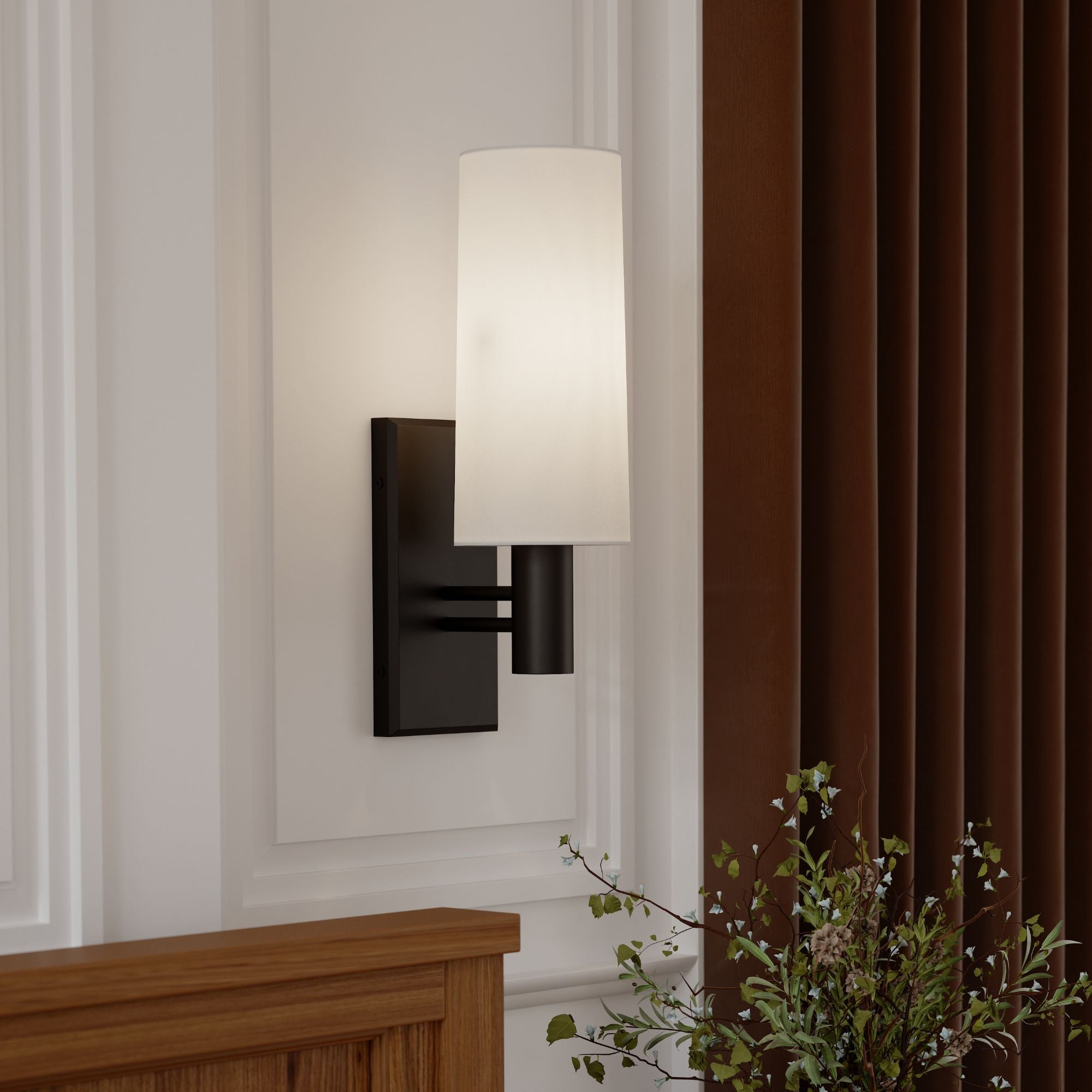Minka-Lavery Draxen 18 in. Wall Sconce, Dark Bronze with White Linen Tapered Shade