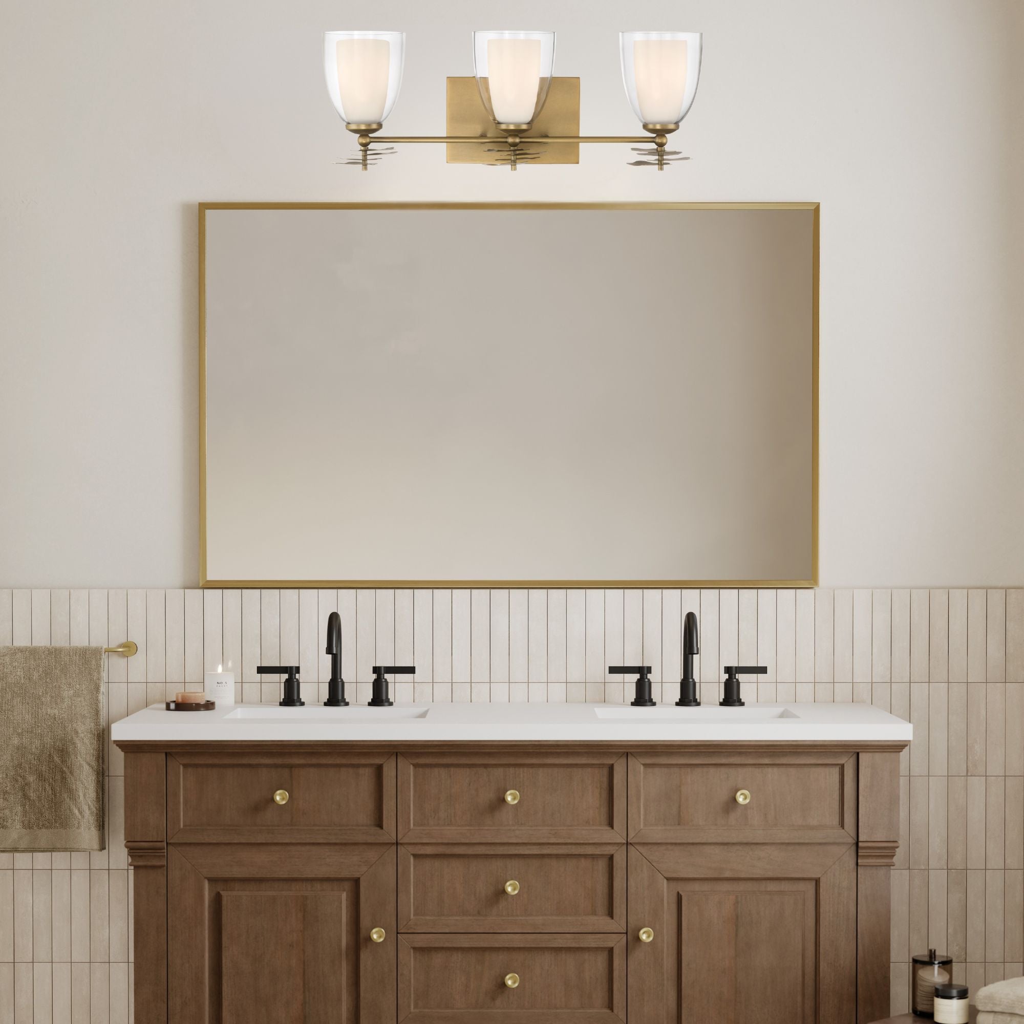 Minka-Lavery Elowen Vanity, Legacy Brass with Clear and Opal White Tapered Glass