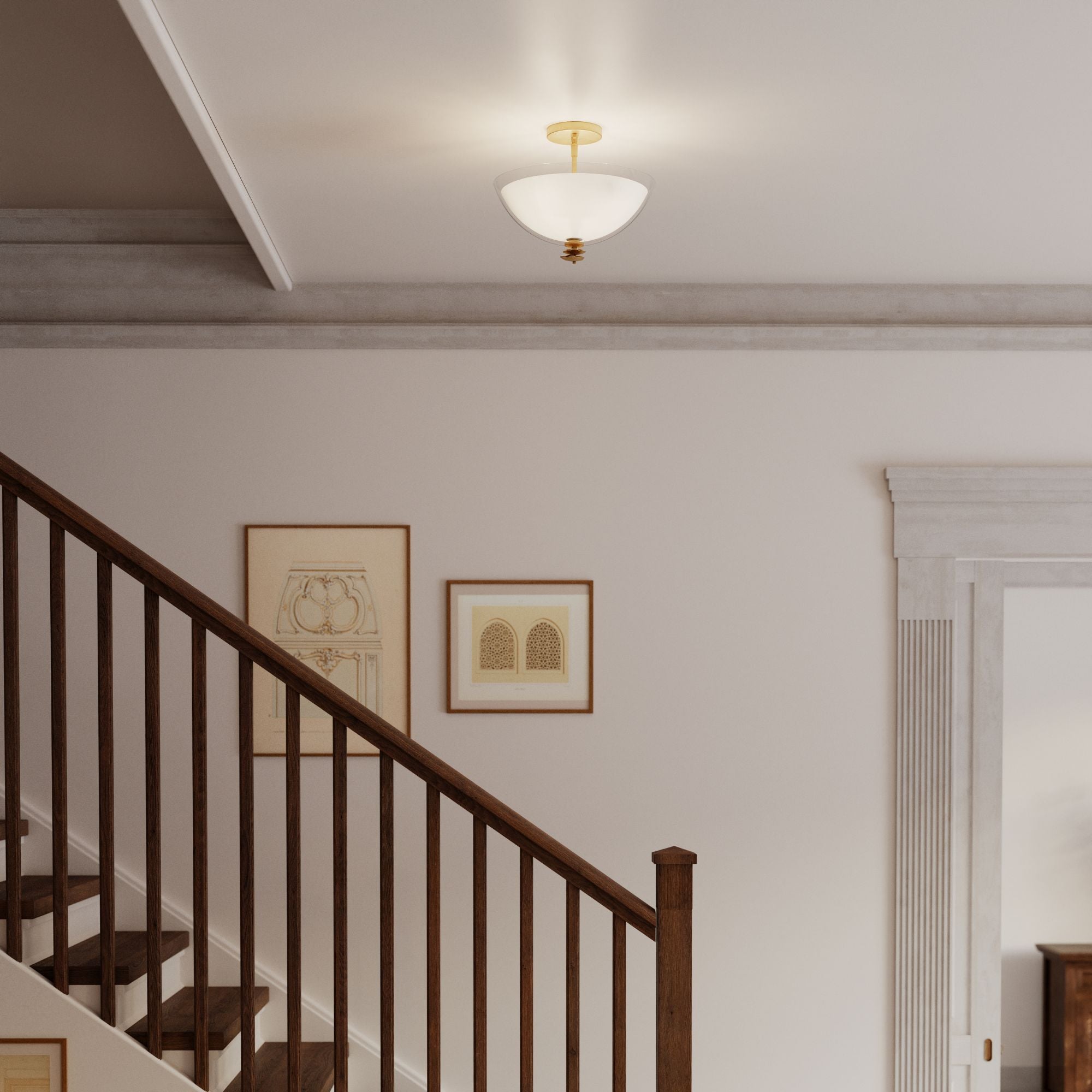 Minka-Lavery Elowen 15 in. 3-Light Semi-Flush Mount, Legacy Brass with Clear and Opal White Glass Bowl