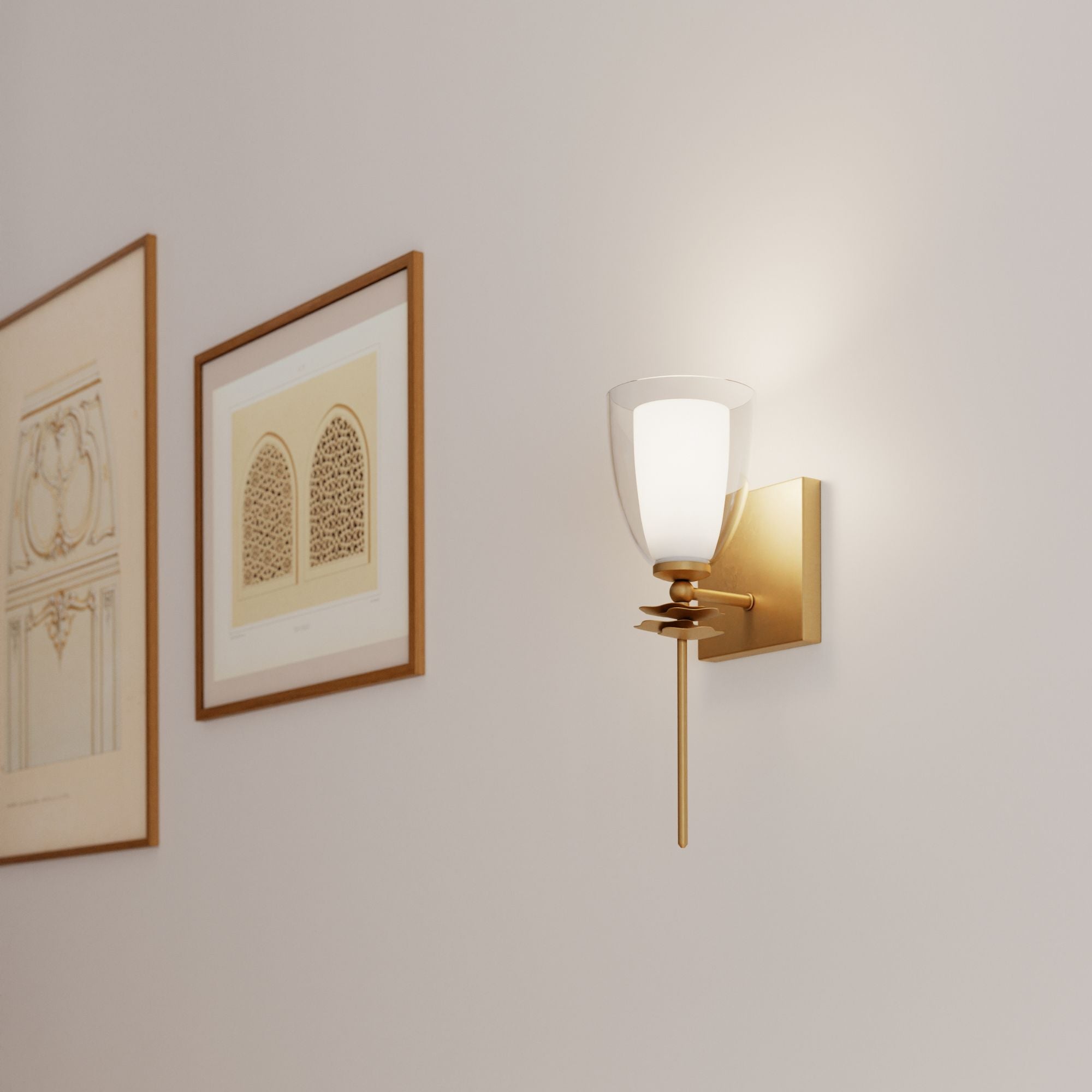 Minka-Lavery Elowen 14.25 in. Wall Sconce, Legacy Brass with Clear and Opal White Tapered Glass