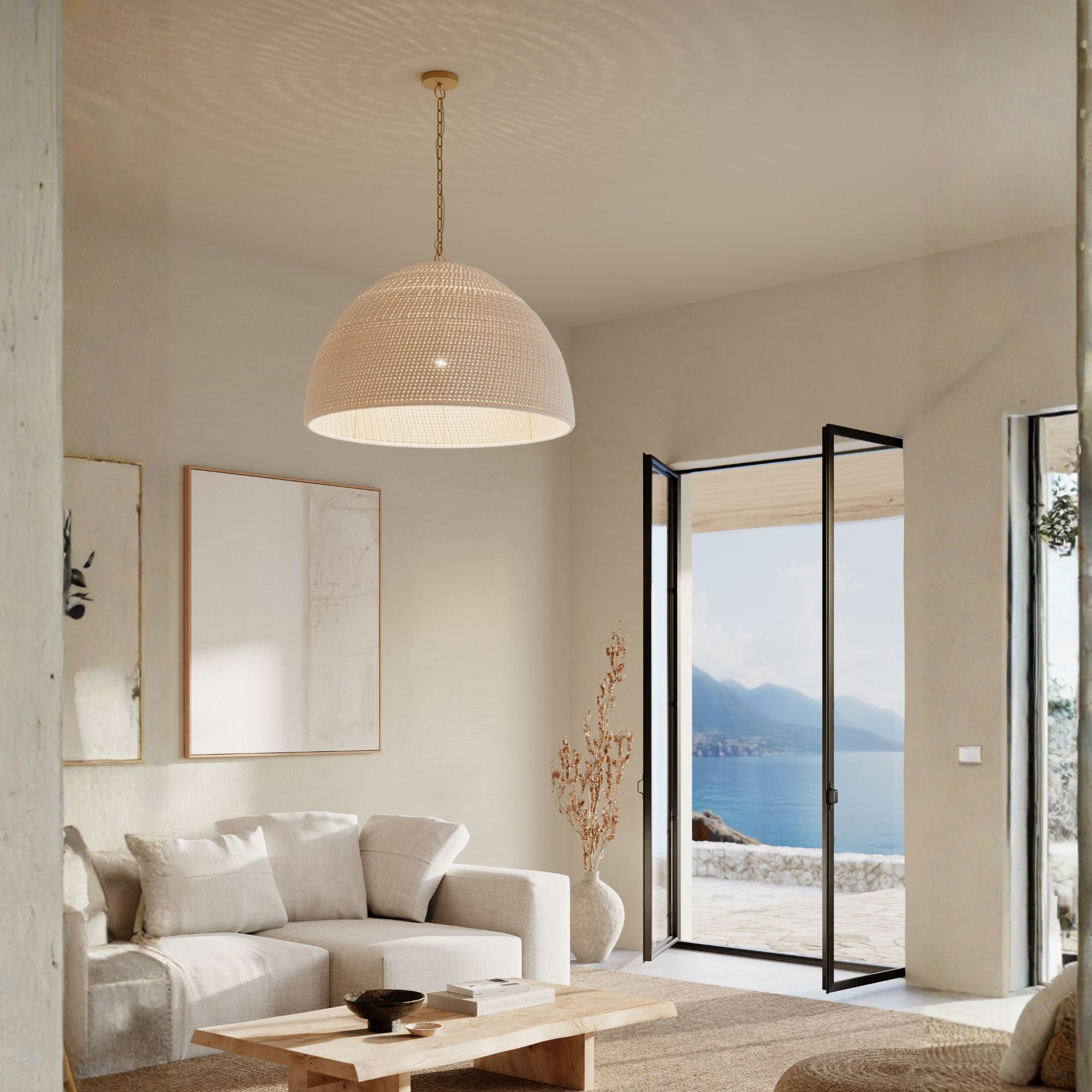 Minka-Lavery Fernwood 23.5 in. Pendant, Legacy Brass with Off White Fabric Shade
