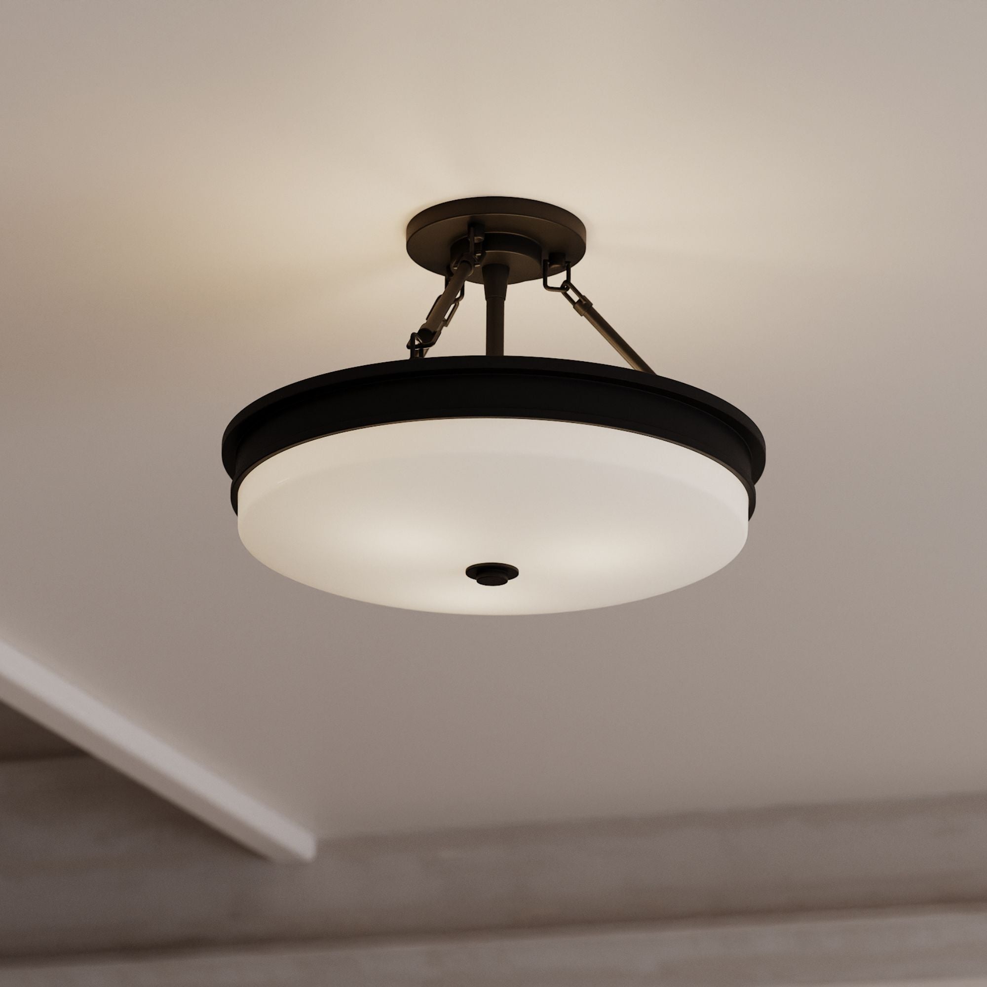 Minka-Lavery Halora 15.25 in. 3-Light Semi-Flush Mount, Dark Matte Black with Etched Opal Glass Disk
