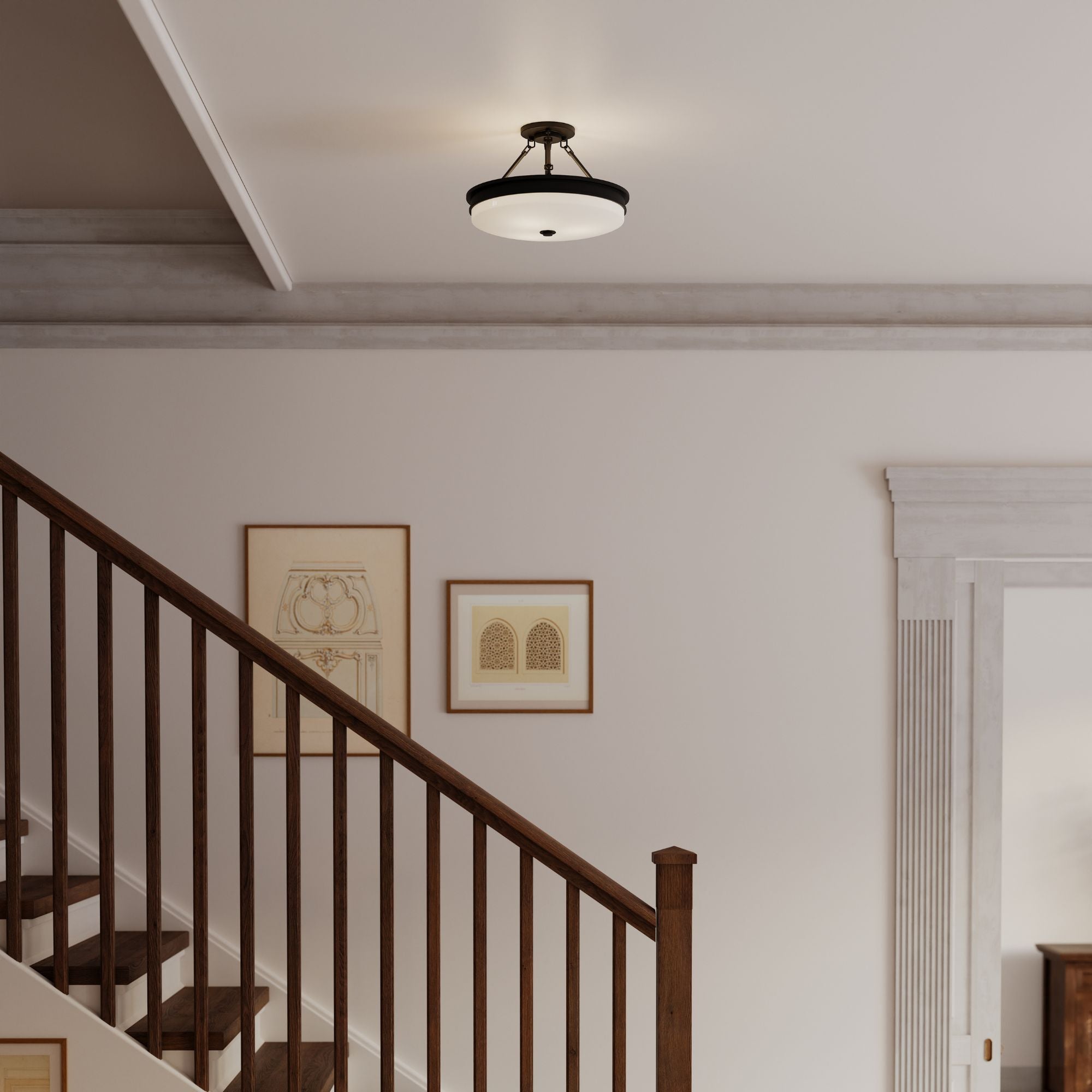 Minka-Lavery Halora 15.25 in. 3-Light Semi-Flush Mount, Dark Matte Black with Etched Opal Glass Disk