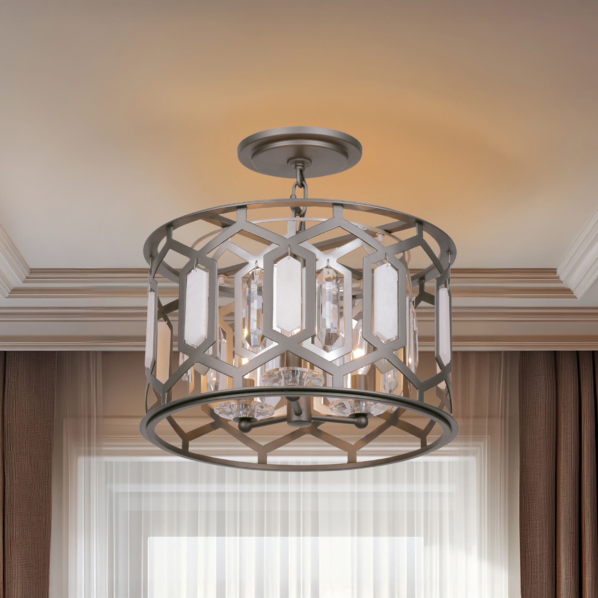 Hexly 16" 3-Light Semi-Flush Mount, Bronze & Sultry Silver Finish