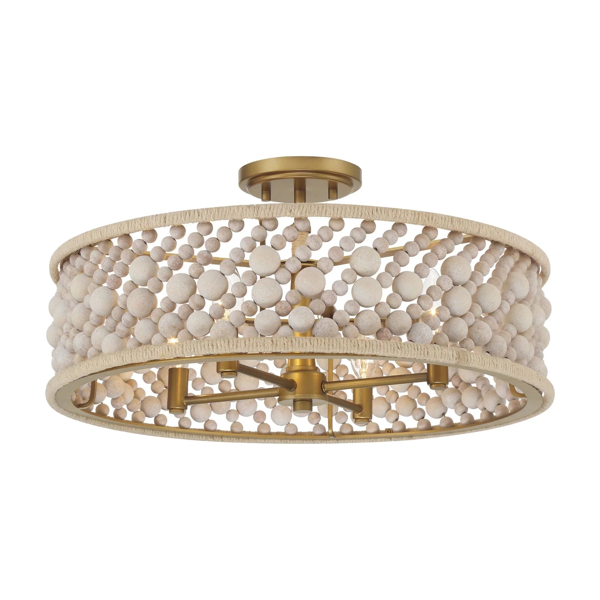 Horsmore 20" 4-Light Semi-Flush Mount, Legacy Brass Finish with Bleached Wooden Beads