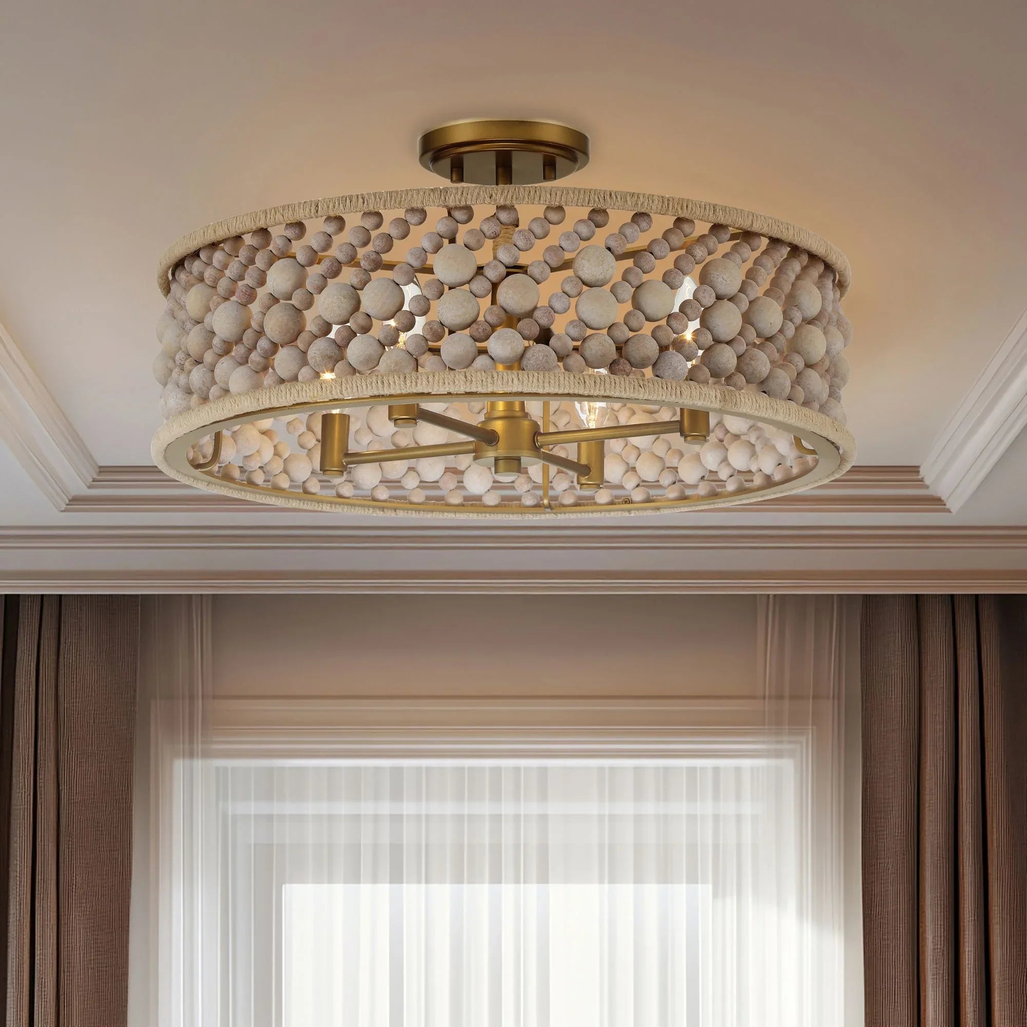 Horsmore 20" 4-Light Semi-Flush Mount, Legacy Brass Finish with Bleached Wooden Beads