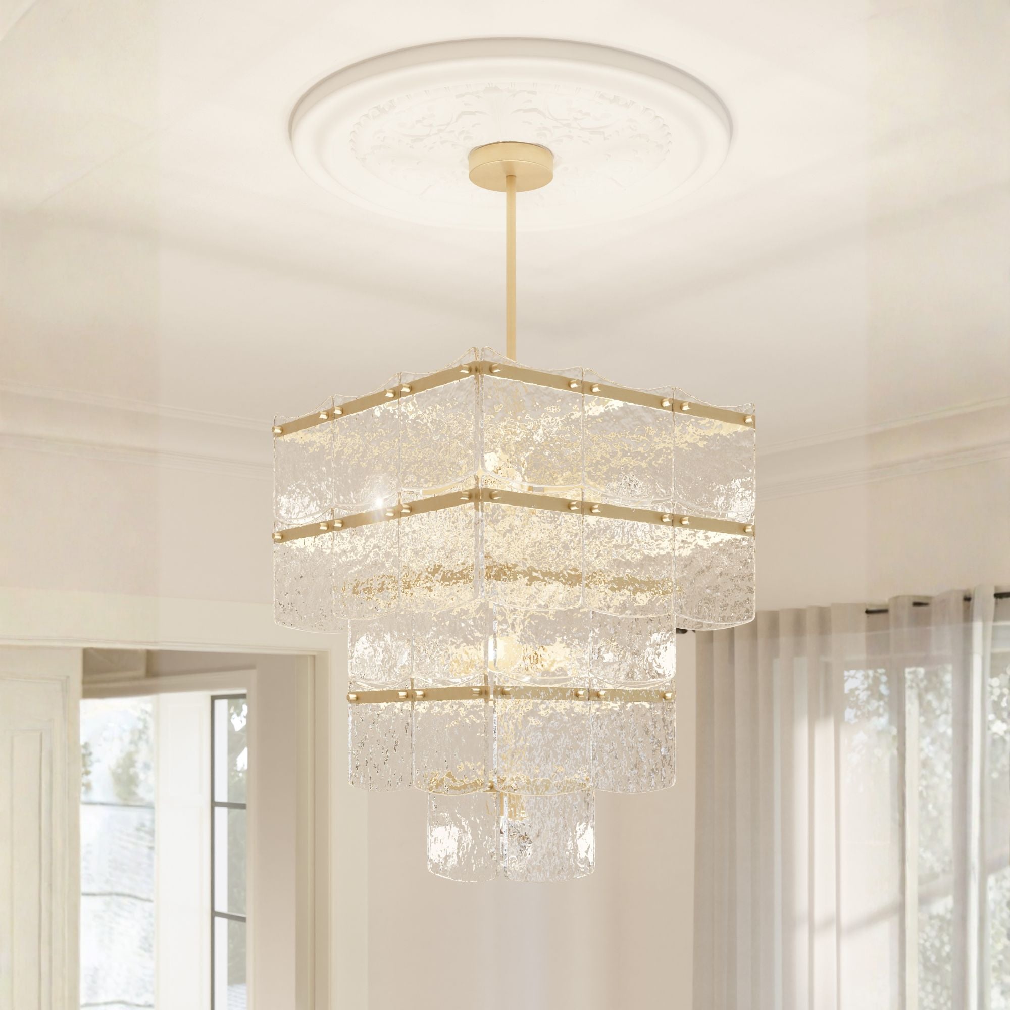 Minka-Lavery Kiori 31 in. 9-Light Pendant, Legacy Brass with Textured Clear Glass Panels