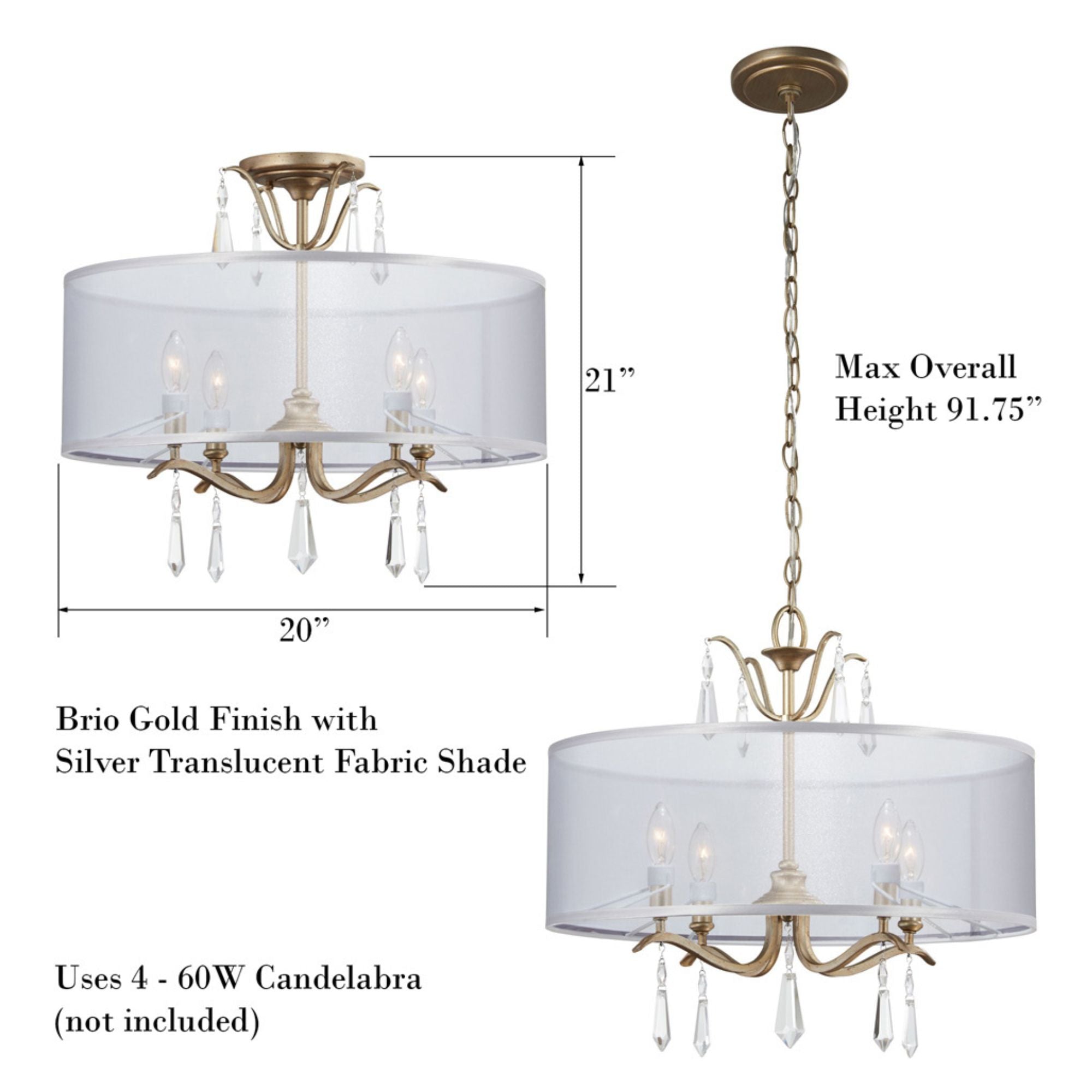 Laurel Estate 20" 4-Light Semi-Flush Mount, Brio Gold Finish