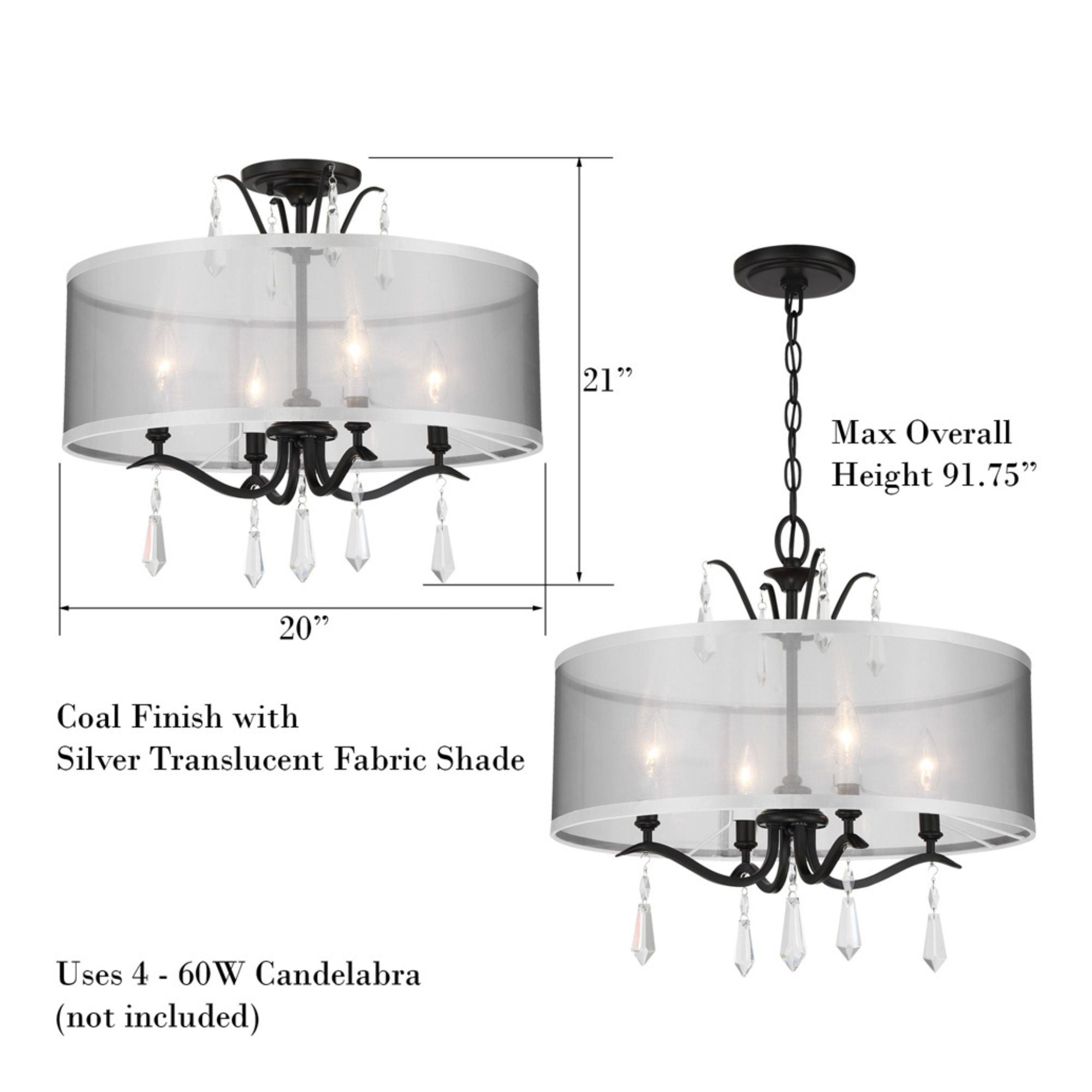 Laurel Estate 20" 4-Light Flush/Semi-Flush Mount, Coal Finish