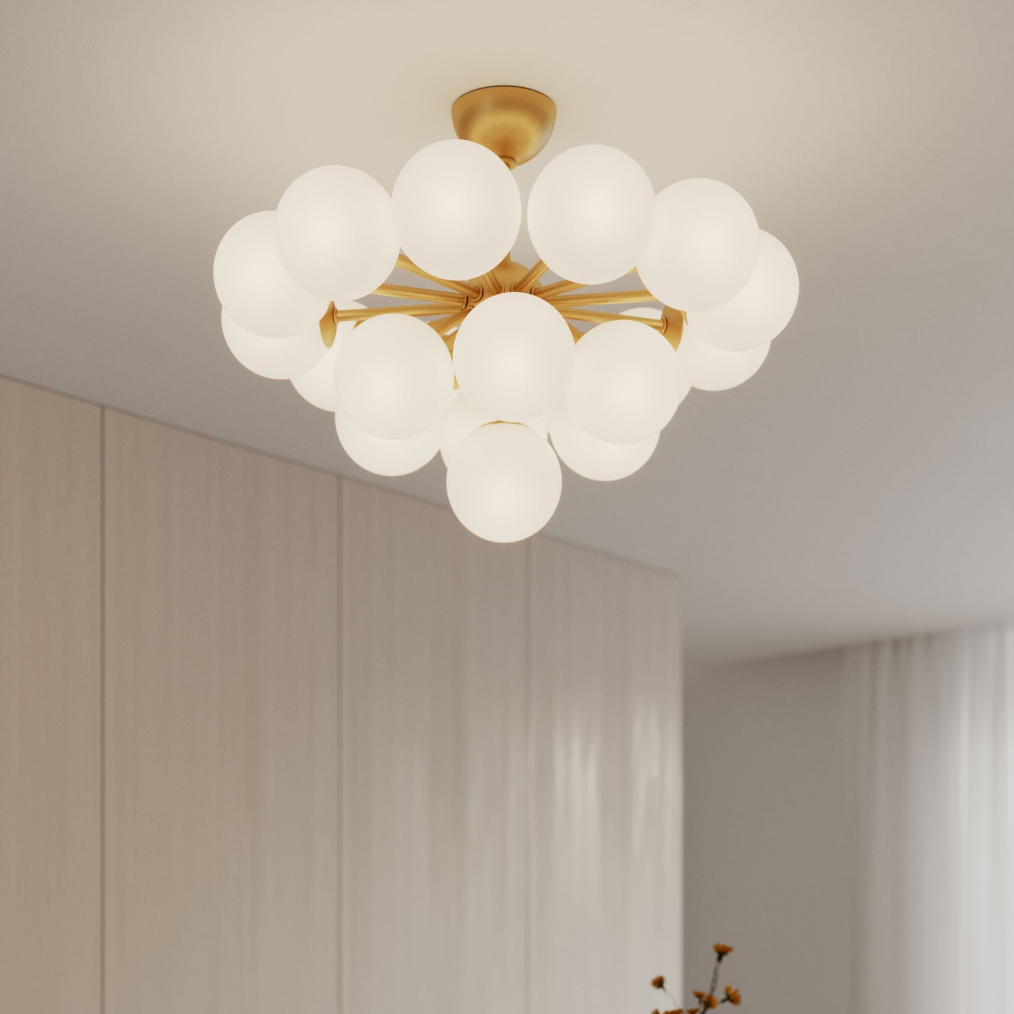 Minka-Lavery Lunara 28 in. 19-Light Semi-Flush Mount, Legacy Brass with Opal Glass