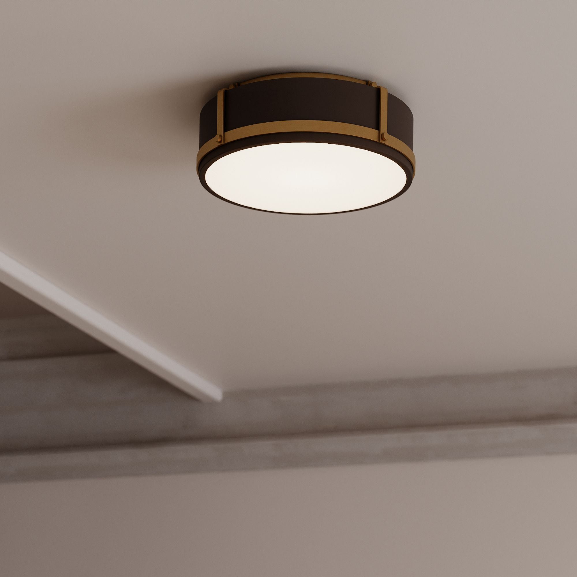 Minka-Lavery Lynca 13.75 in. LED Flush Mount, Legacy Brass & Dark Bronze with Etched Opal Glass Drum