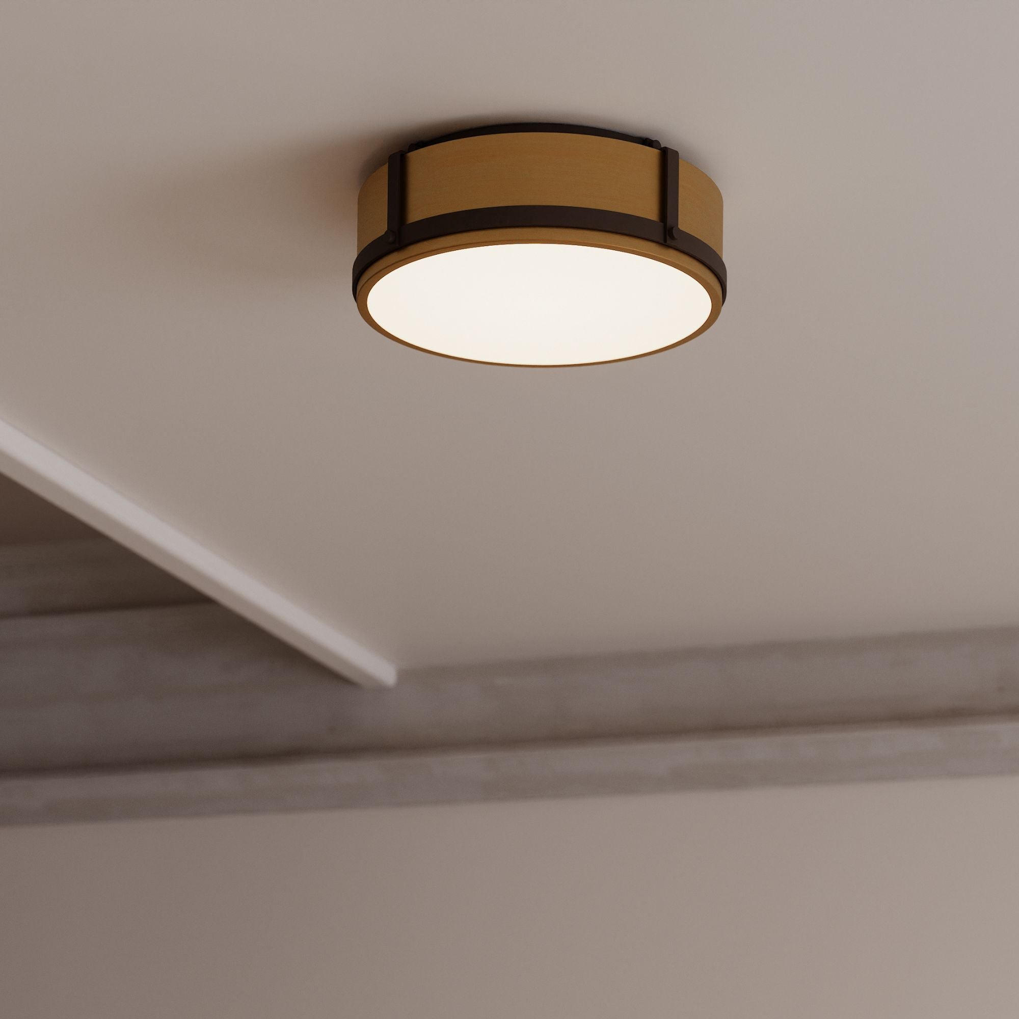 Minka-Lavery Lynca 13.75 in. LED Flush Mount, Legacy Brass & Dark Matte Black with Etched Opal Glass Drum