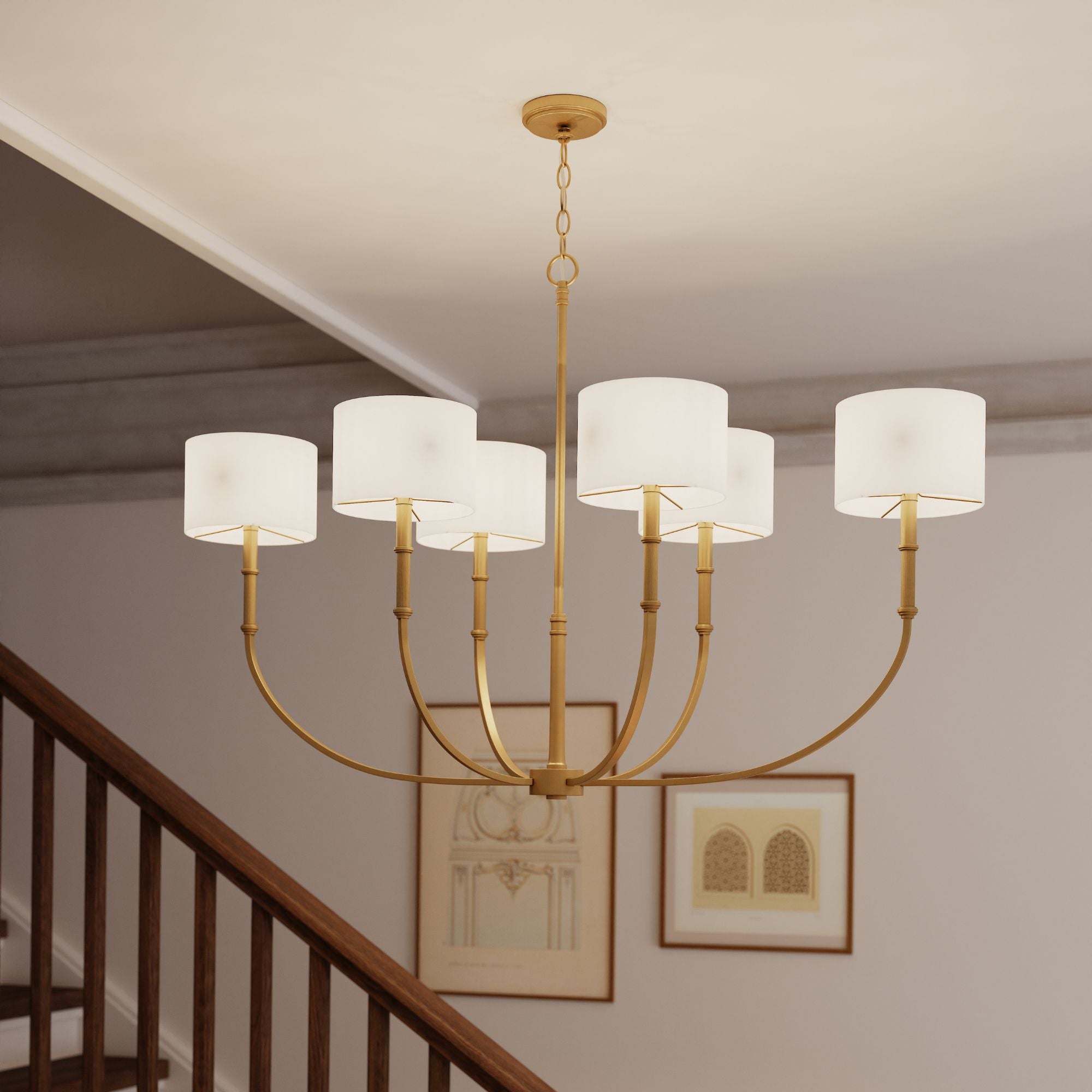 Minka-Lavery Molvene Chandelier, Legacy Brass with White Linen Shade