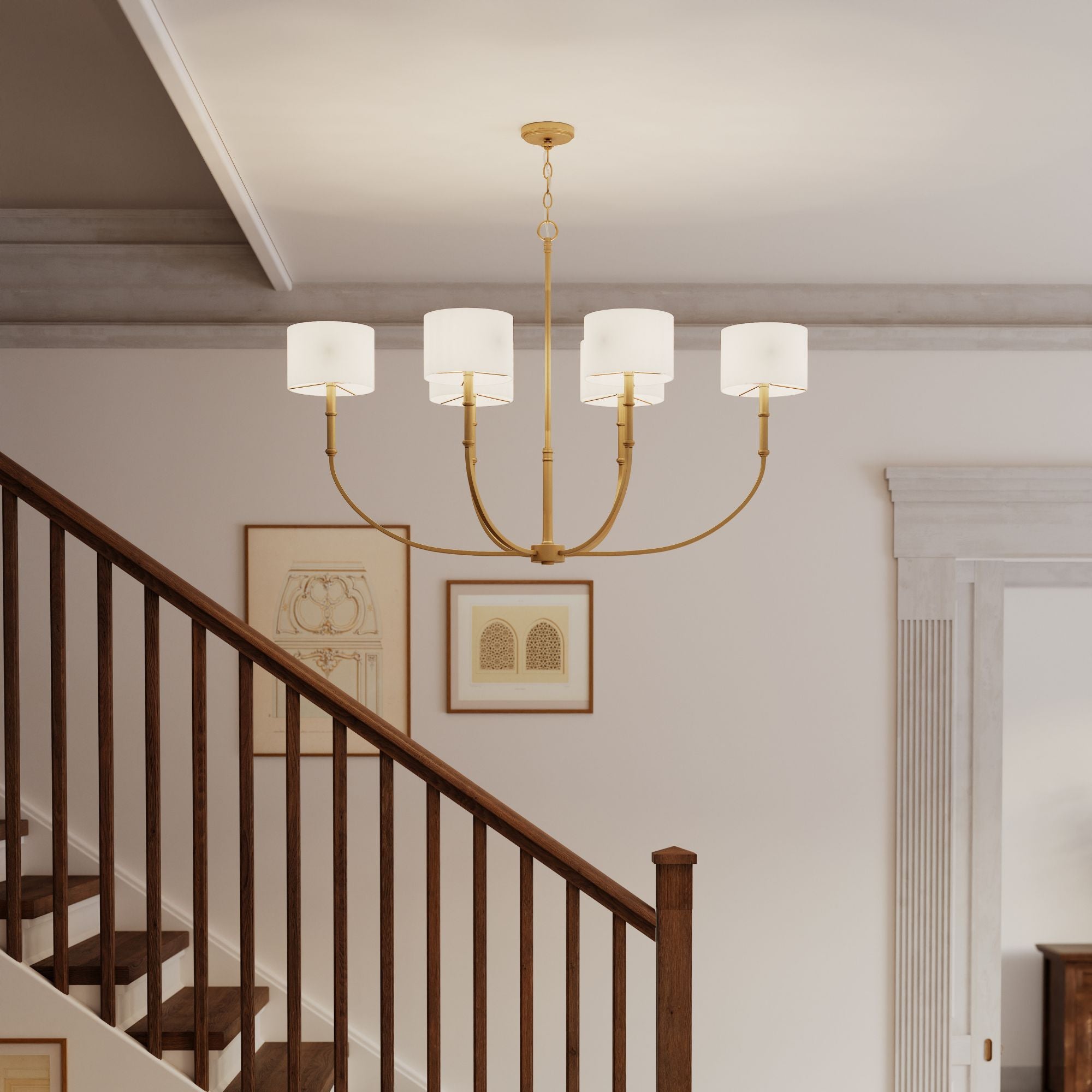 Minka-Lavery Molvene Chandelier, Legacy Brass with White Linen Shade
