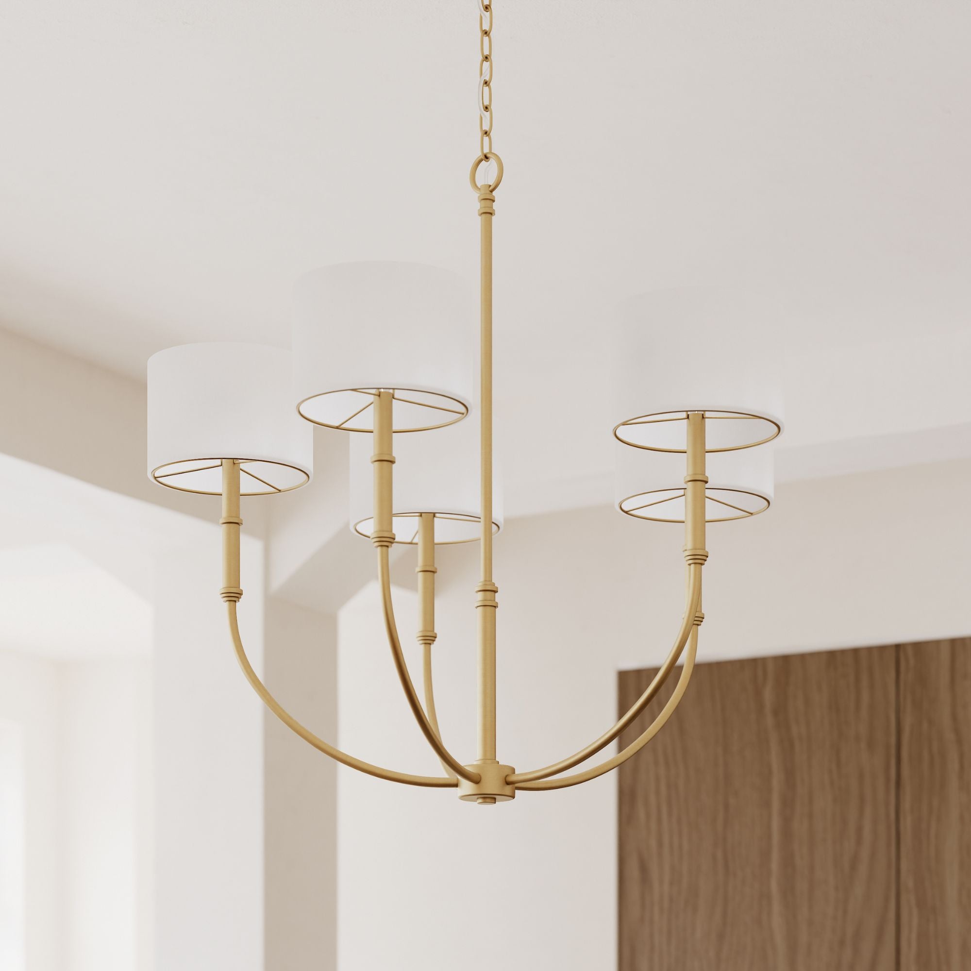 Minka-Lavery Molvene Chandelier, Legacy Brass with White Linen Shade