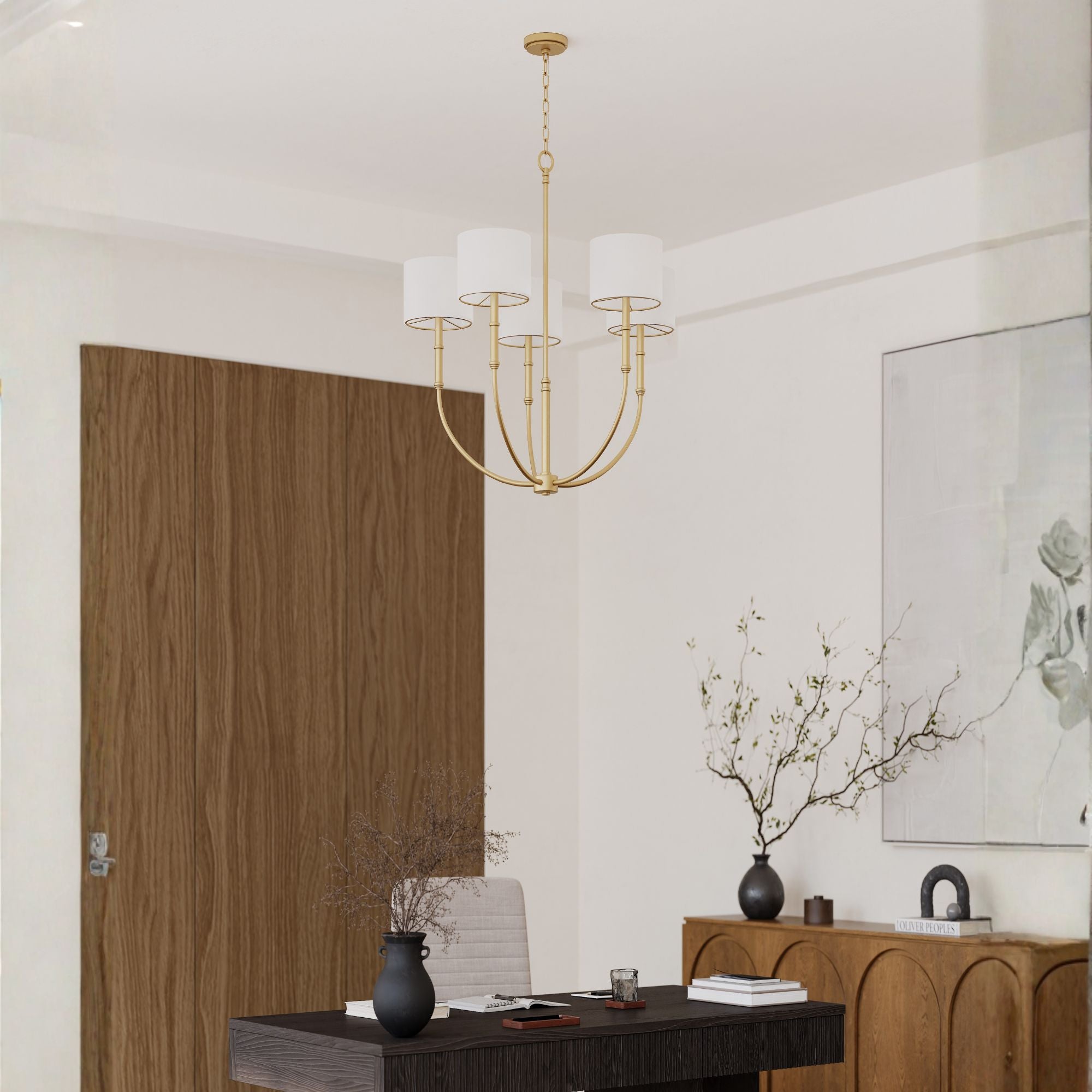 Minka-Lavery Molvene Chandelier, Legacy Brass with White Linen Shade