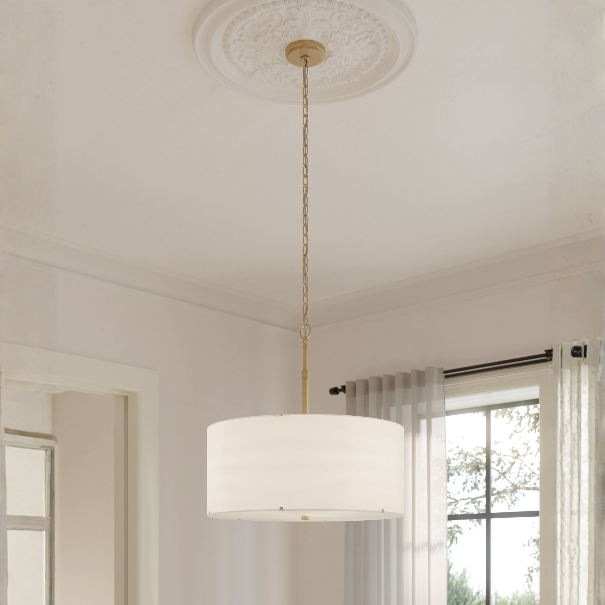 Minka-Lavery Molvene 24 in. 3-Light Pendant, Legacy Brass with White Linen Drum Shade