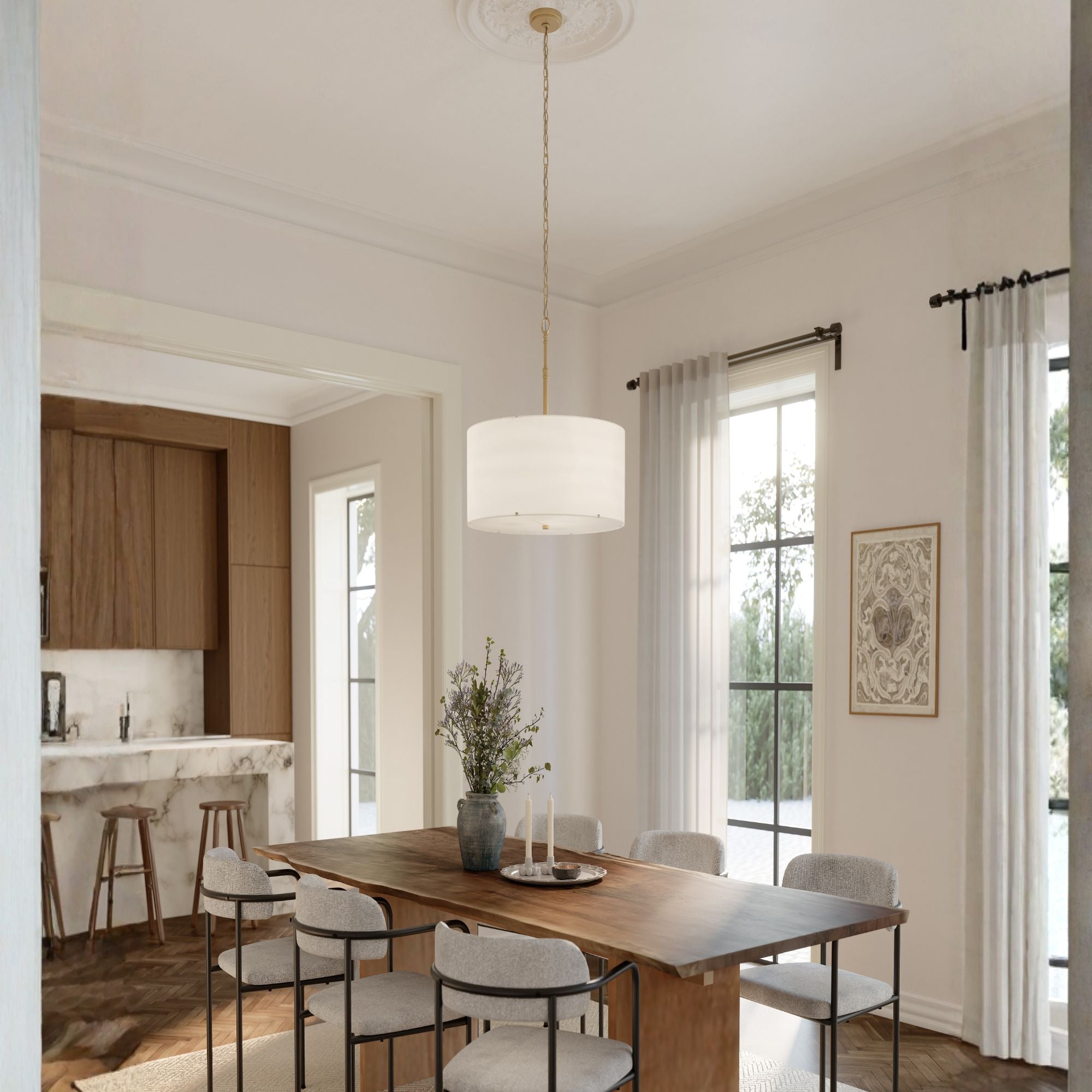 Minka-Lavery Molvene 24 in. 3-Light Pendant, Legacy Brass with White Linen Drum Shade