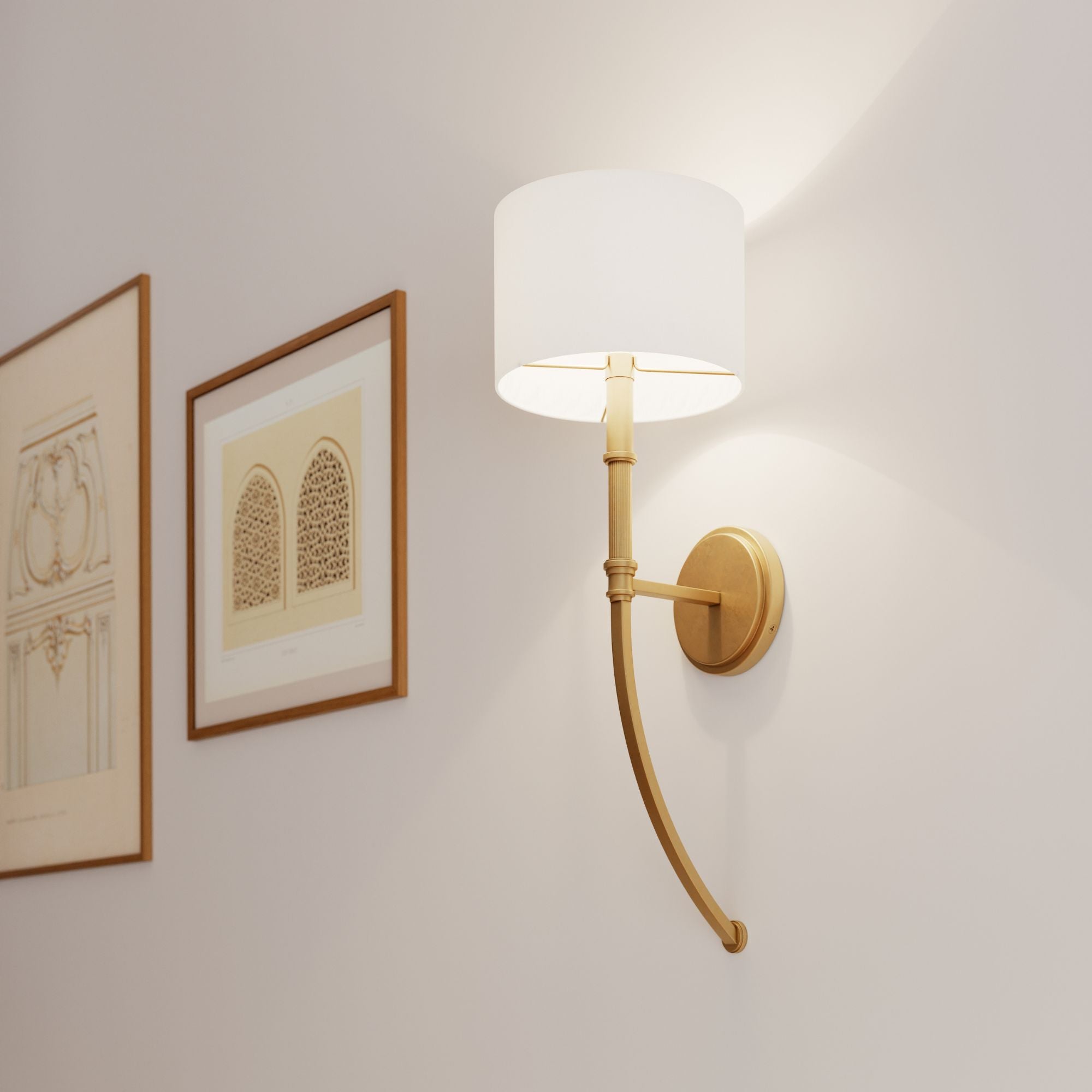 Minka-Lavery Molvene 23.5 in. Wall Sconce, Legacy Brass with White Linen Drum Shade