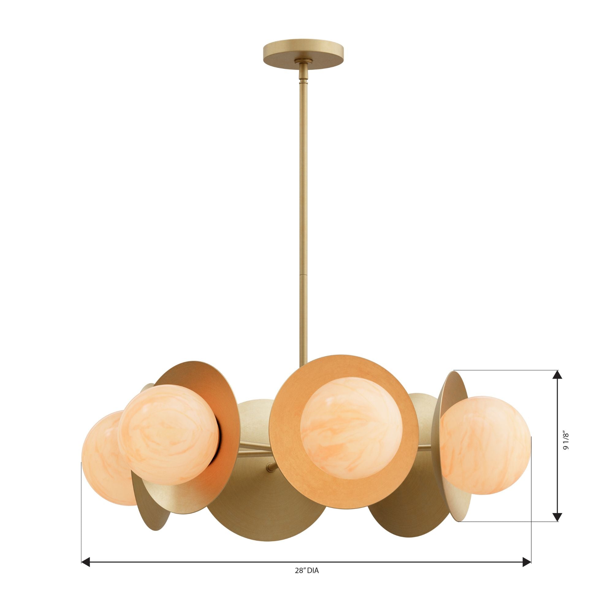 Minka-Lavery Olenne 28 in. 6-Light Pendant, Legacy Brass with Etched Amber Swirl Glass Globes