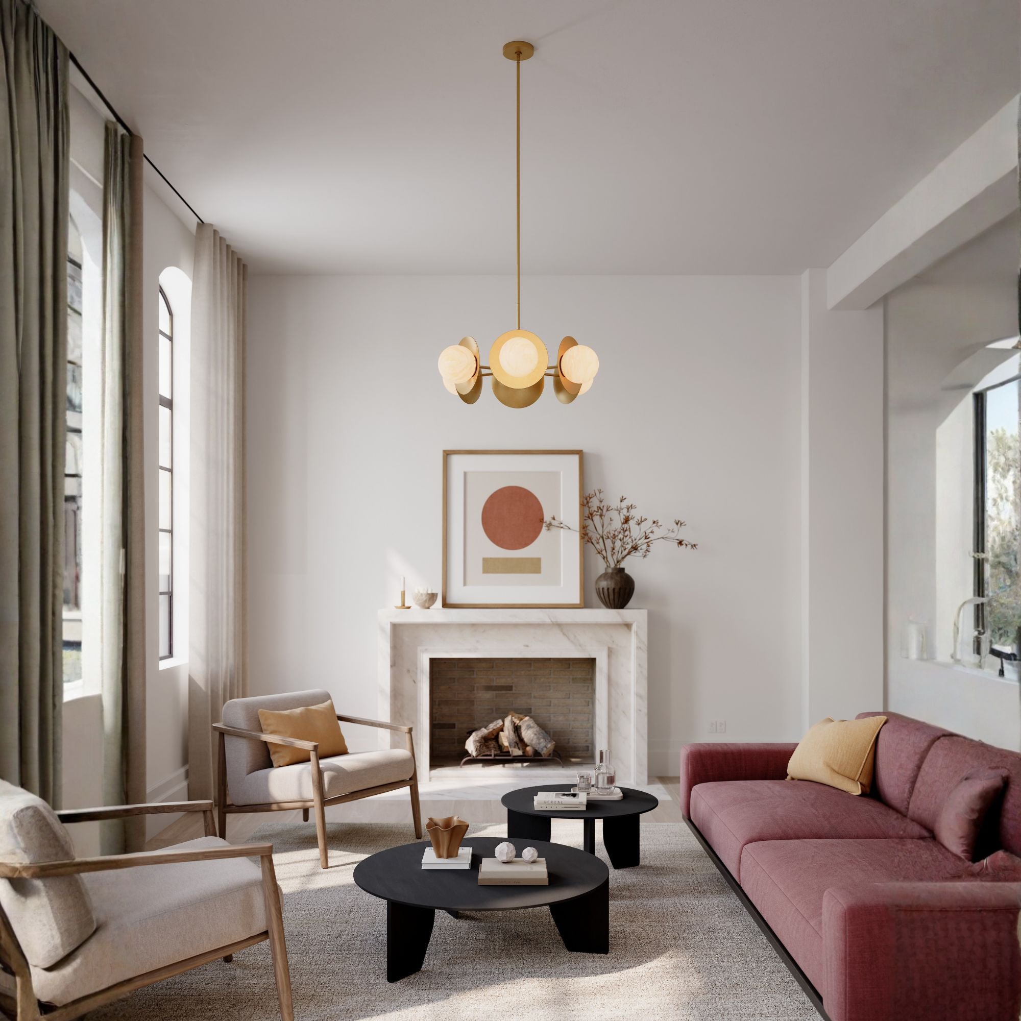 Minka-Lavery Olenne 28 in. 6-Light Pendant, Legacy Brass with Etched Amber Swirl Glass Globes