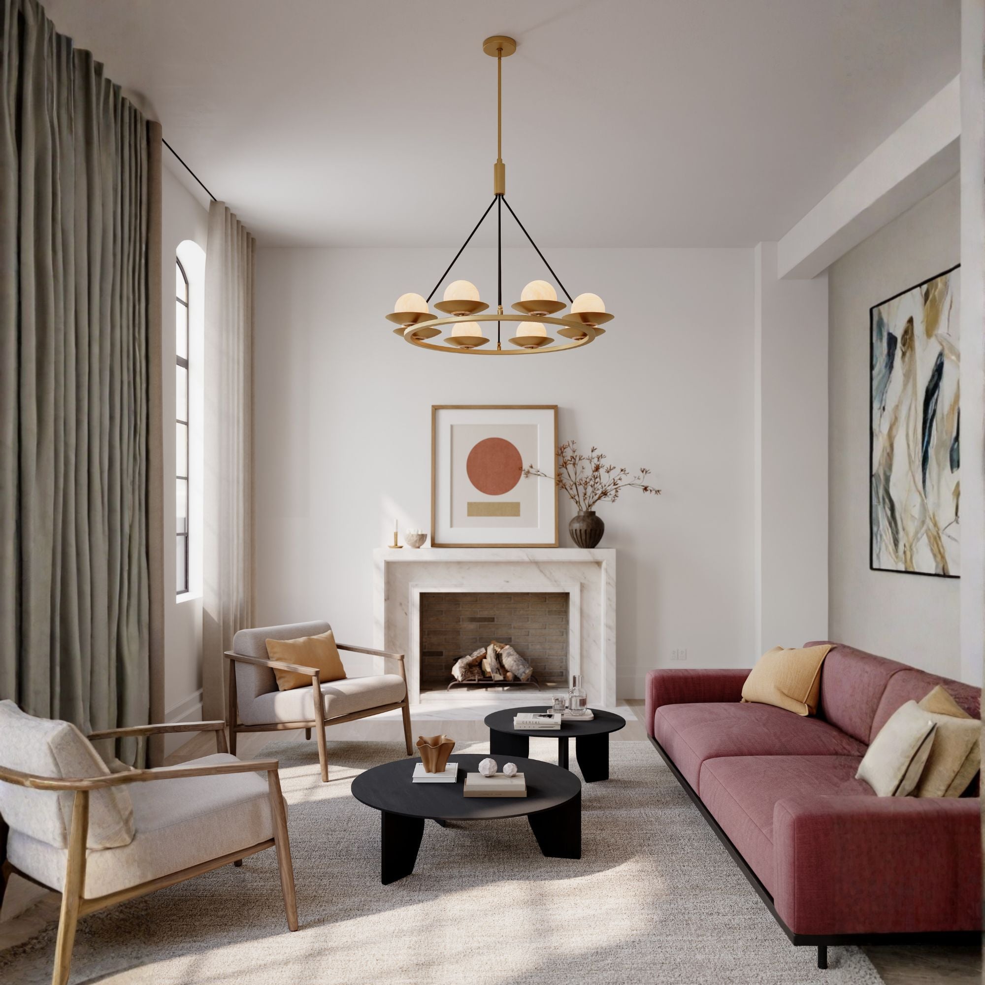 Minka-Lavery Olenne 42 in. 8-Light Pendant, Legacy Brass & Dark Matte Black with Etched Amber Swirl Glass Globes