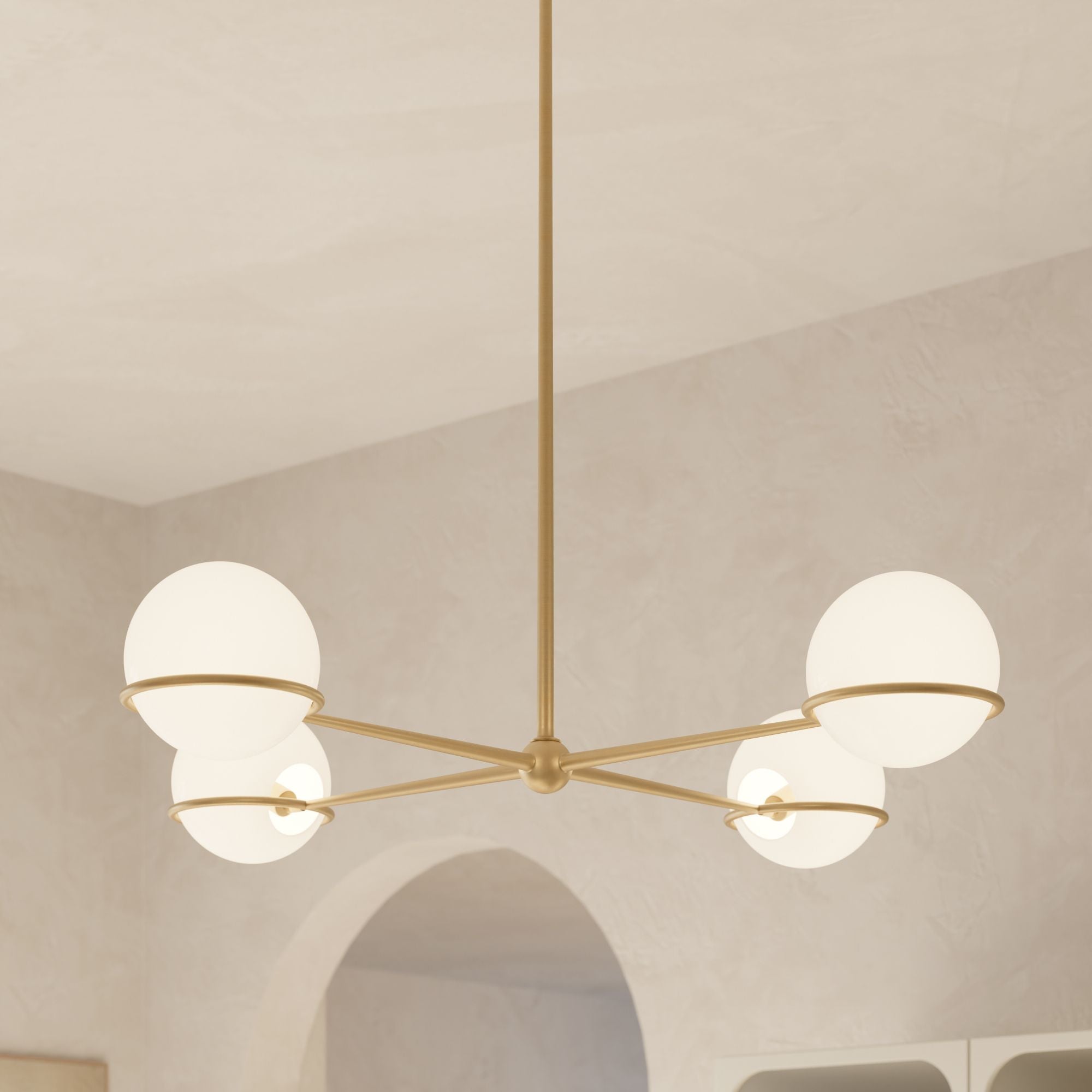 Minka-Lavery Orstyn 48 in. 4-Light Chandelier, Legacy Brass with Opal Glass Shades