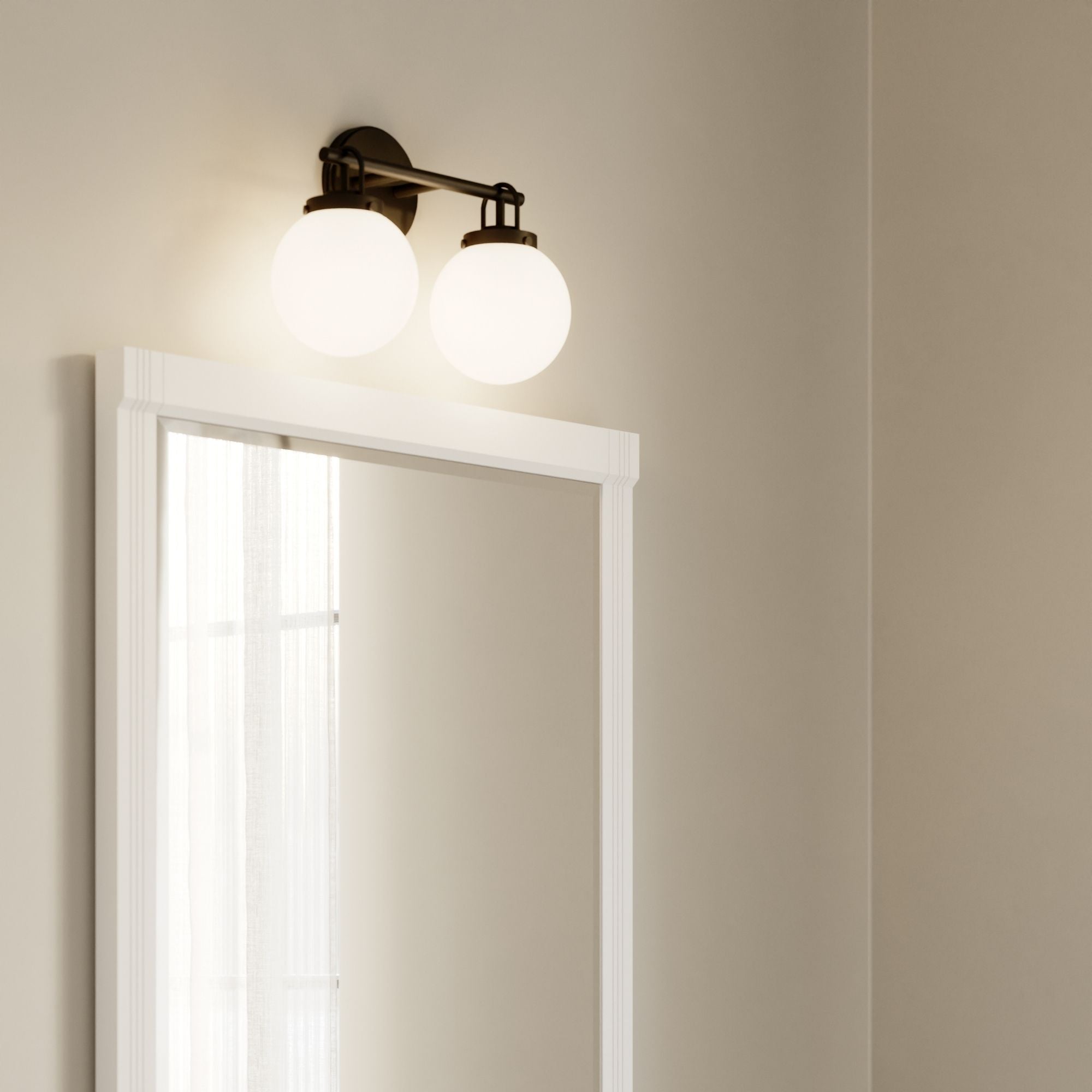 Minka-Lavery Ortesa 15 in. 2-Light Vanity, Dark Matte Black with Etched Opal Glass Globes
