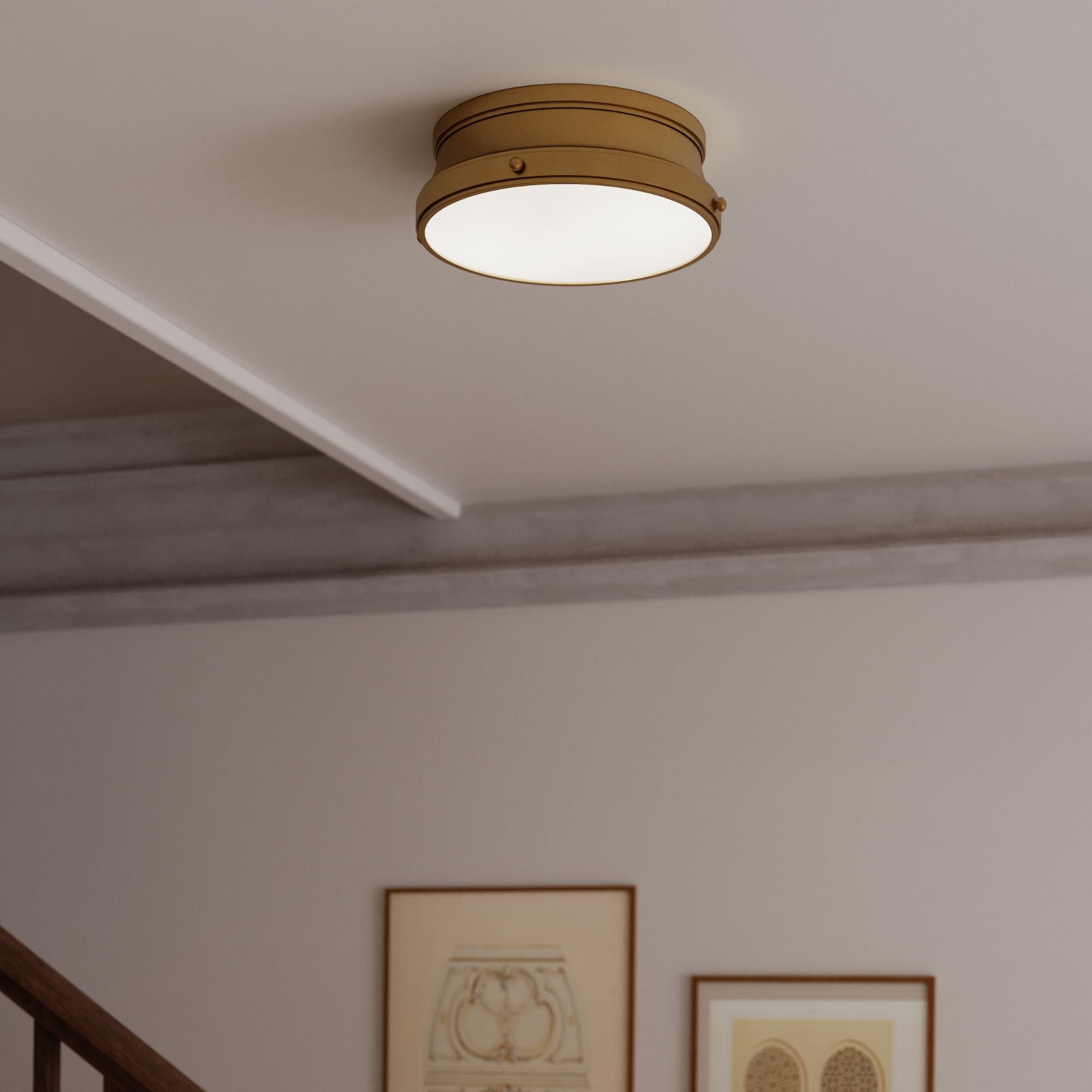 Minka-Lavery Purelight 15 in. 2-Light Flush Mount, Legacy Brass with Etched Opal Glass Drum