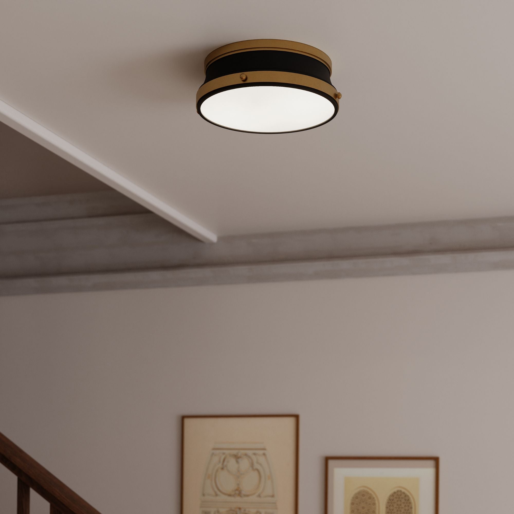 Minka-Lavery Purelight 15 in. 2-Light Flush Mount, Legacy Brass & Dark Matte Black with Etched Opal Glass Drum