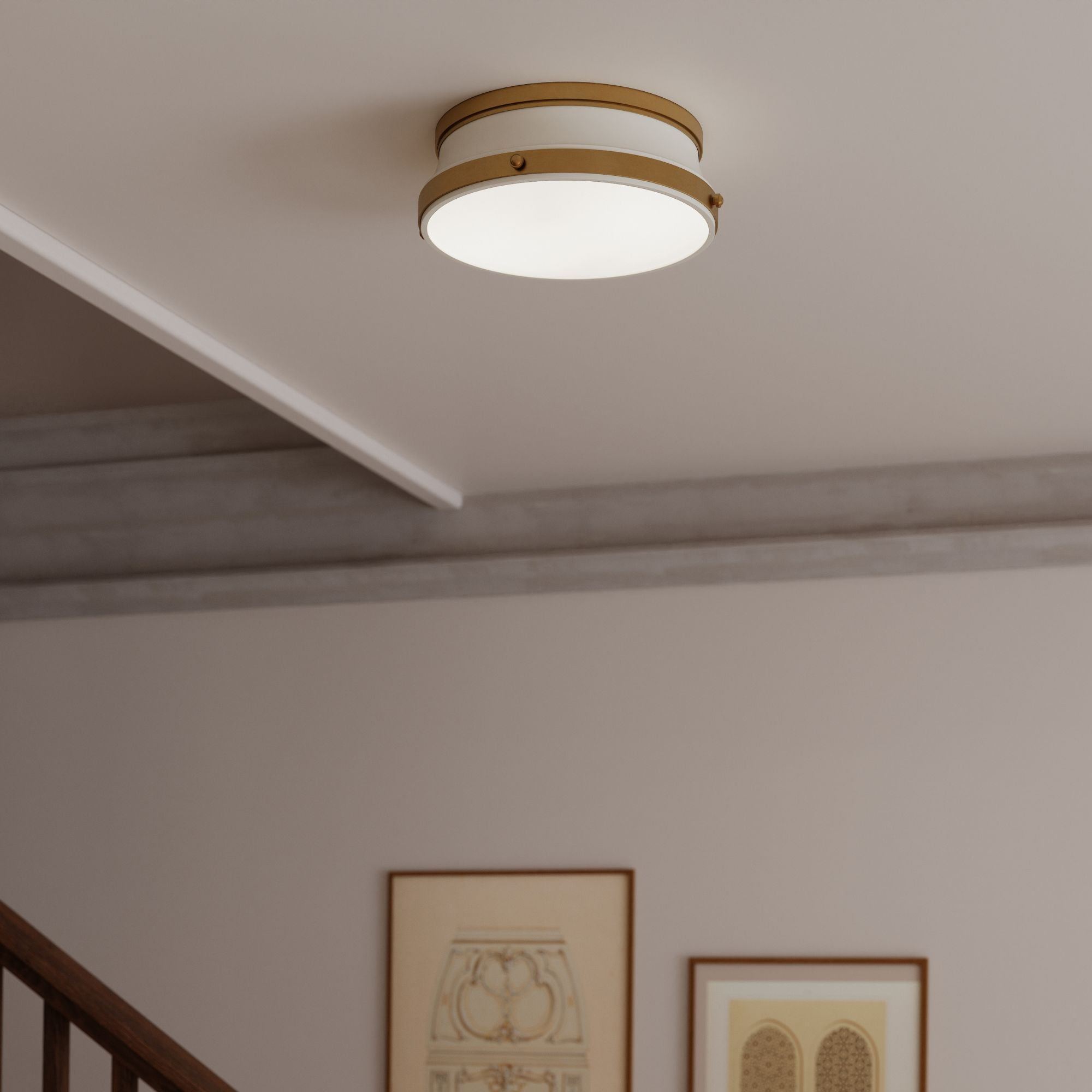 Minka-Lavery Purelight 15 in. 2-Light Flush Mount, Legacy Brass & Off White with Etched Opal Glass Drum
