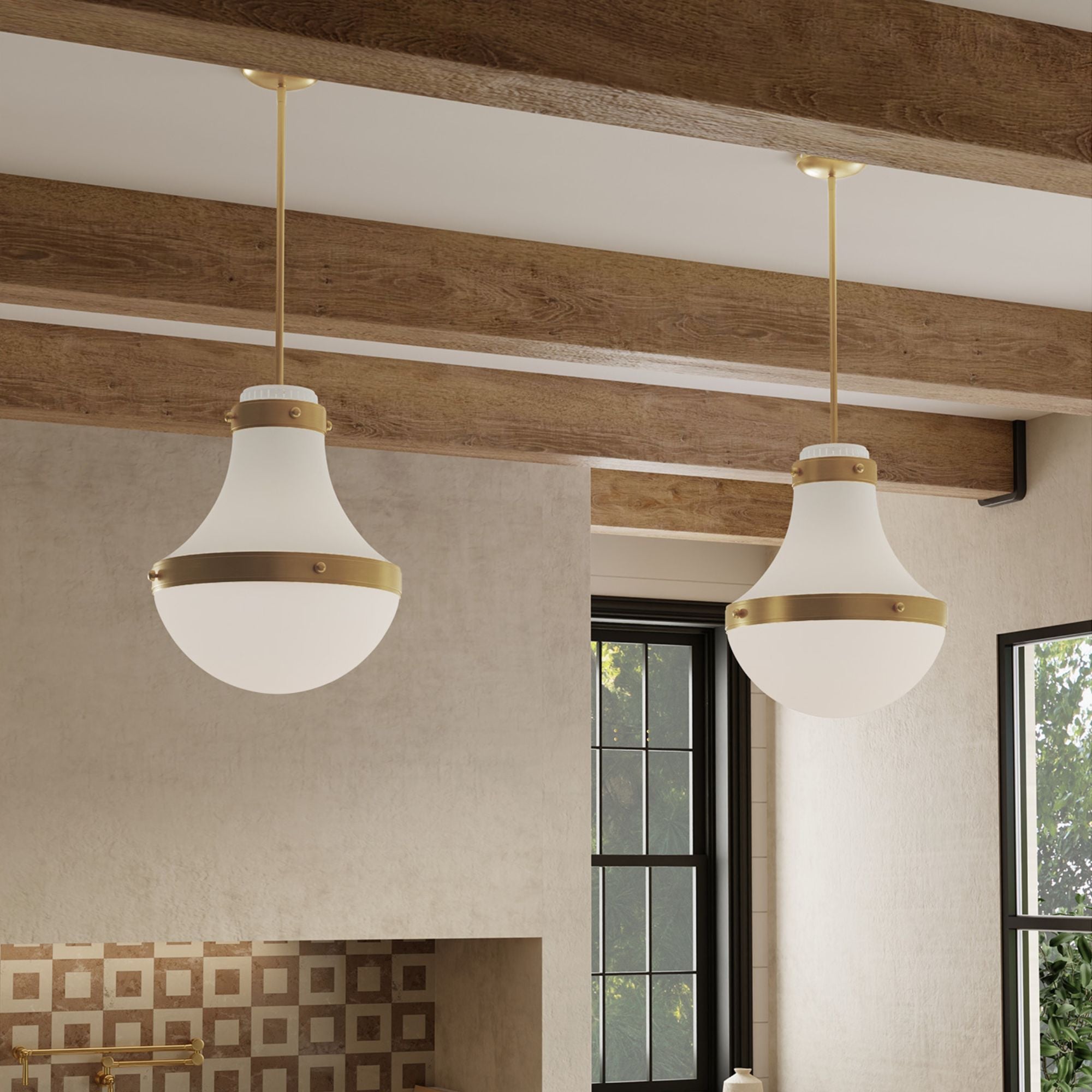 Minka-Lavery Purelight 19 in. Pendant Light, Off White Cream & Legacy Brass with Etched Opal Glass