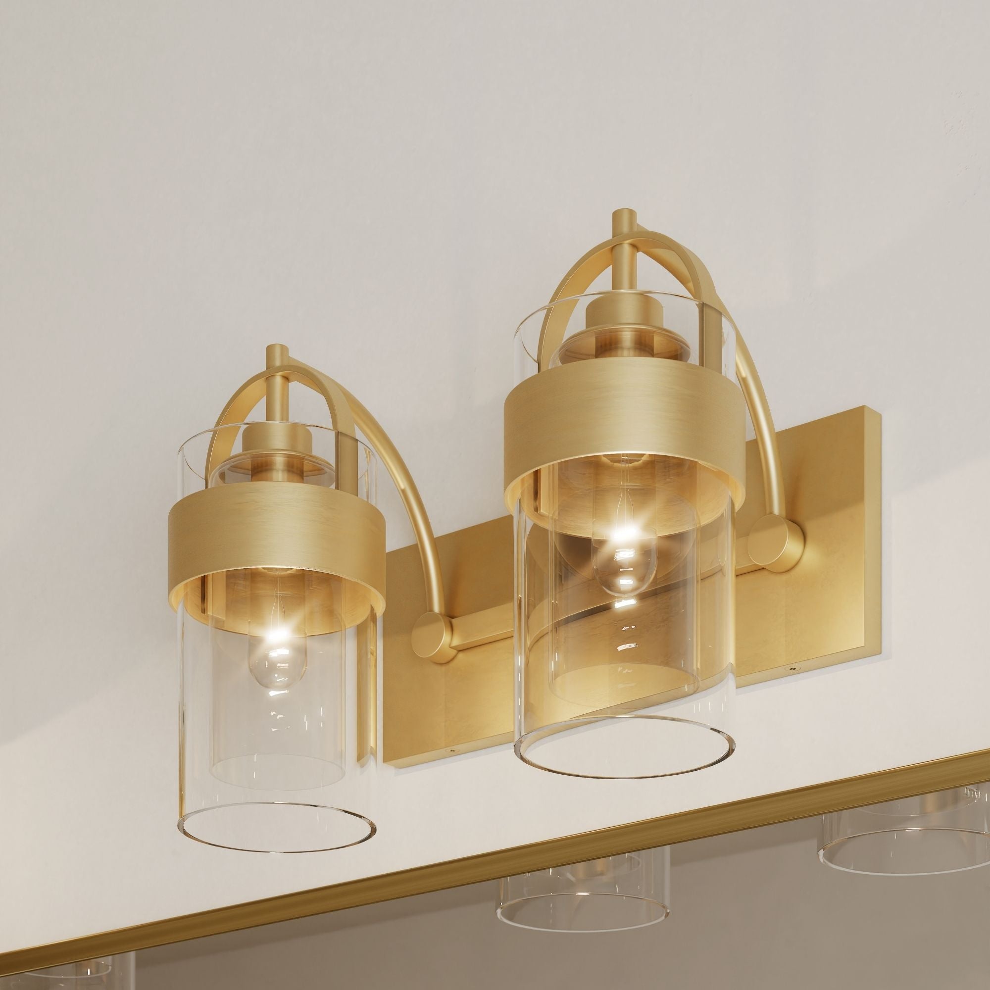 Minka-Lavery Ravik 14.25 in. 2-Light Vanity, Legacy Brass with Clear and Grey Glass Cylinder