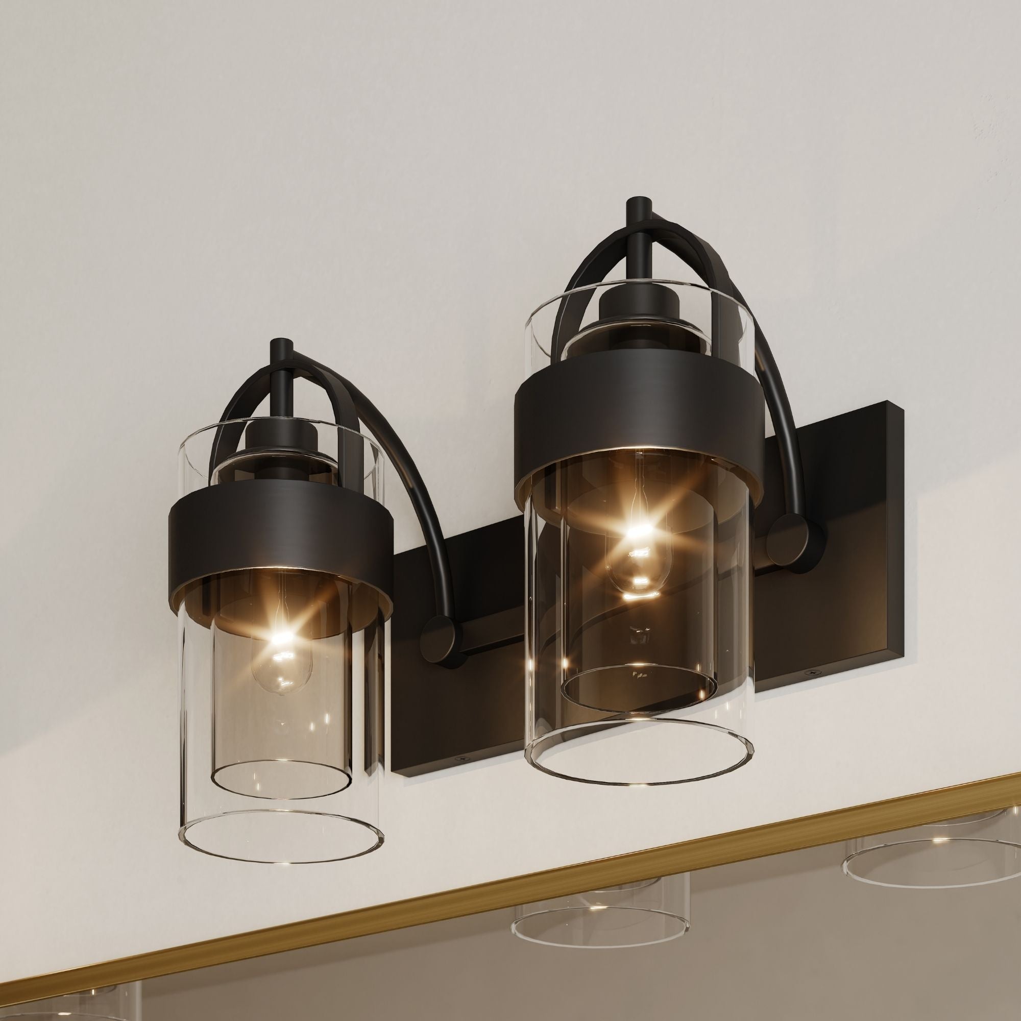 Minka-Lavery Ravik 14.25 in. 2-Light Vanity, Dark Matte Black with Clear and Grey Glass Cylinder