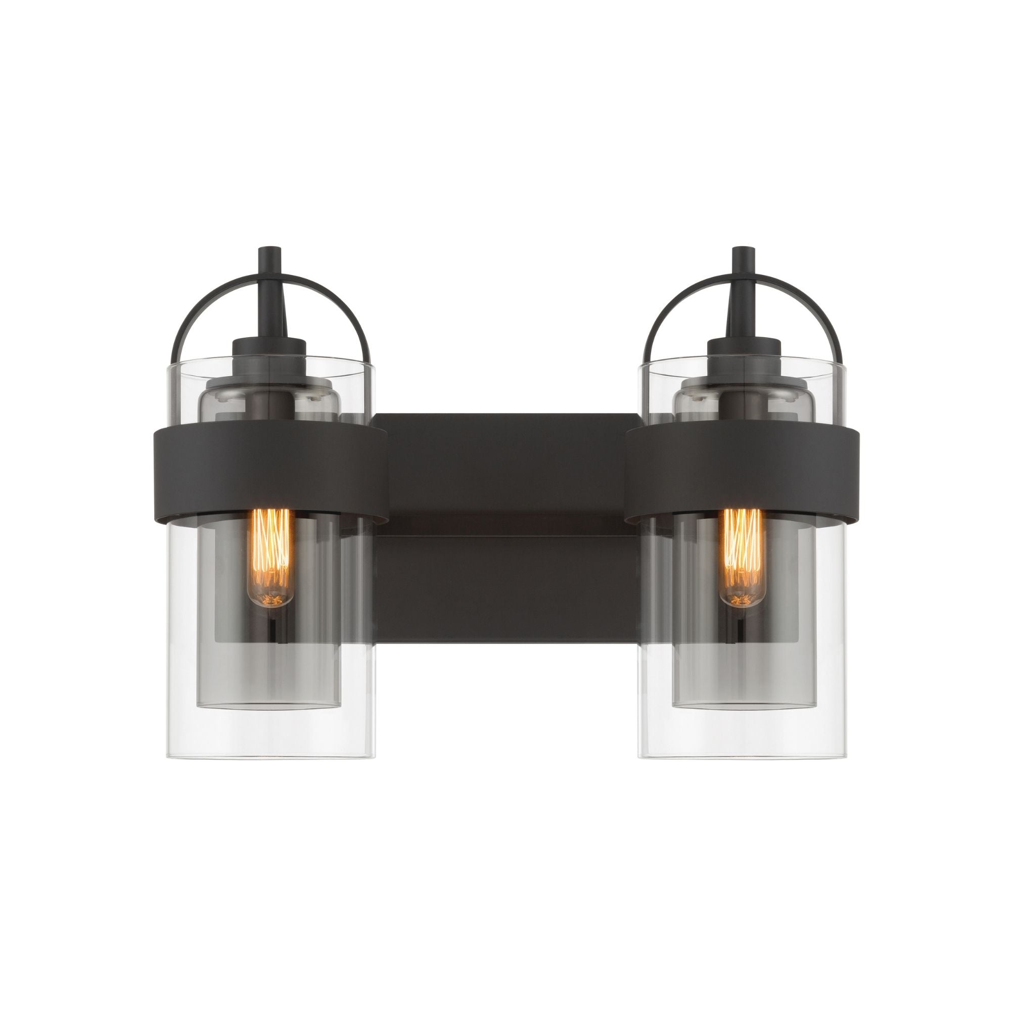 Minka-Lavery Ravik 14.25 in. 2-Light Vanity, Dark Matte Black with Clear and Grey Glass Cylinder