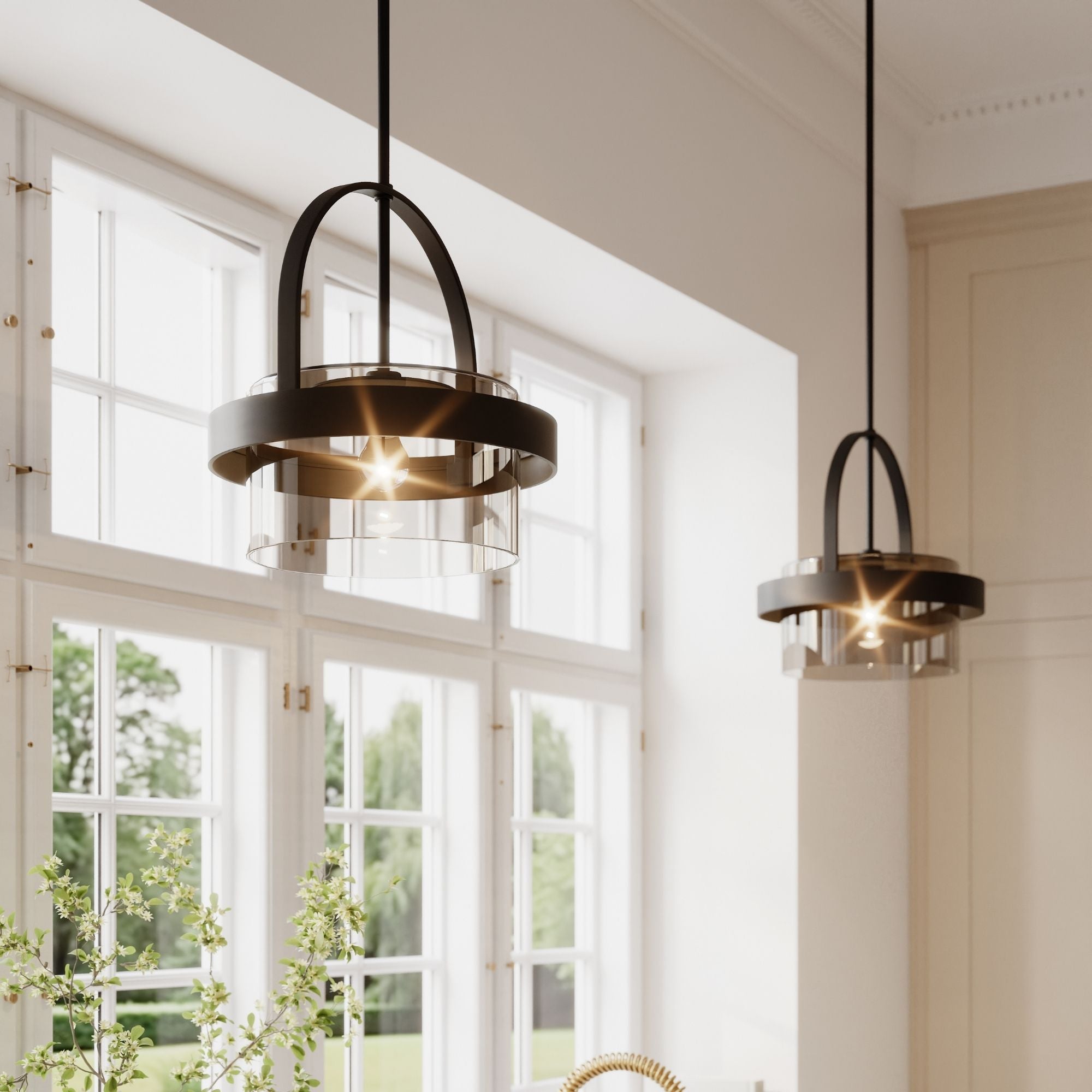 Minka-Lavery Ravik 15.5 in. Semi-Flush Mount Light, Dark Matte Black with Clear and Grey Glass Drum