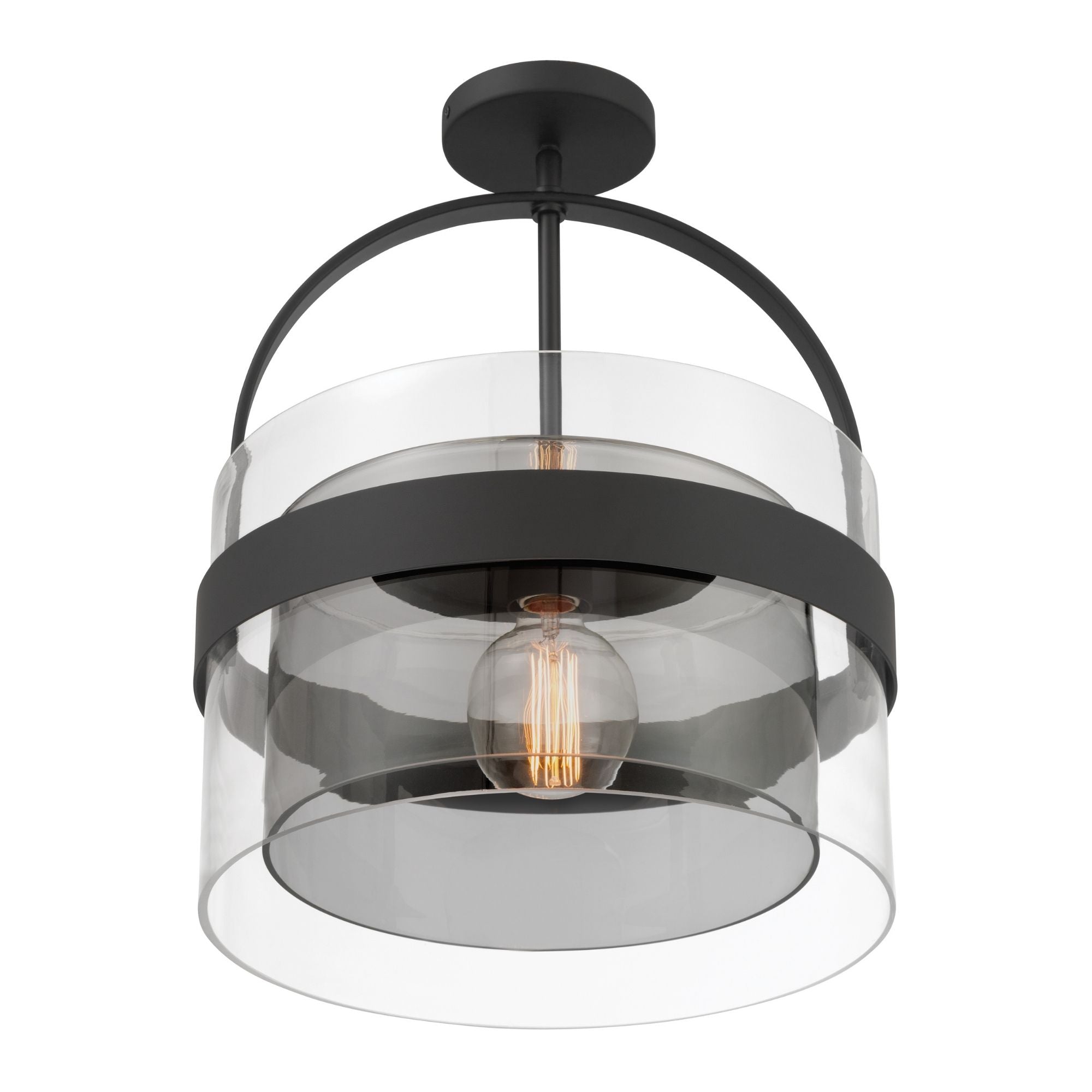 Minka-Lavery Ravik 15.5 in. Semi-Flush Mount Light, Dark Matte Black with Clear and Grey Glass Drum