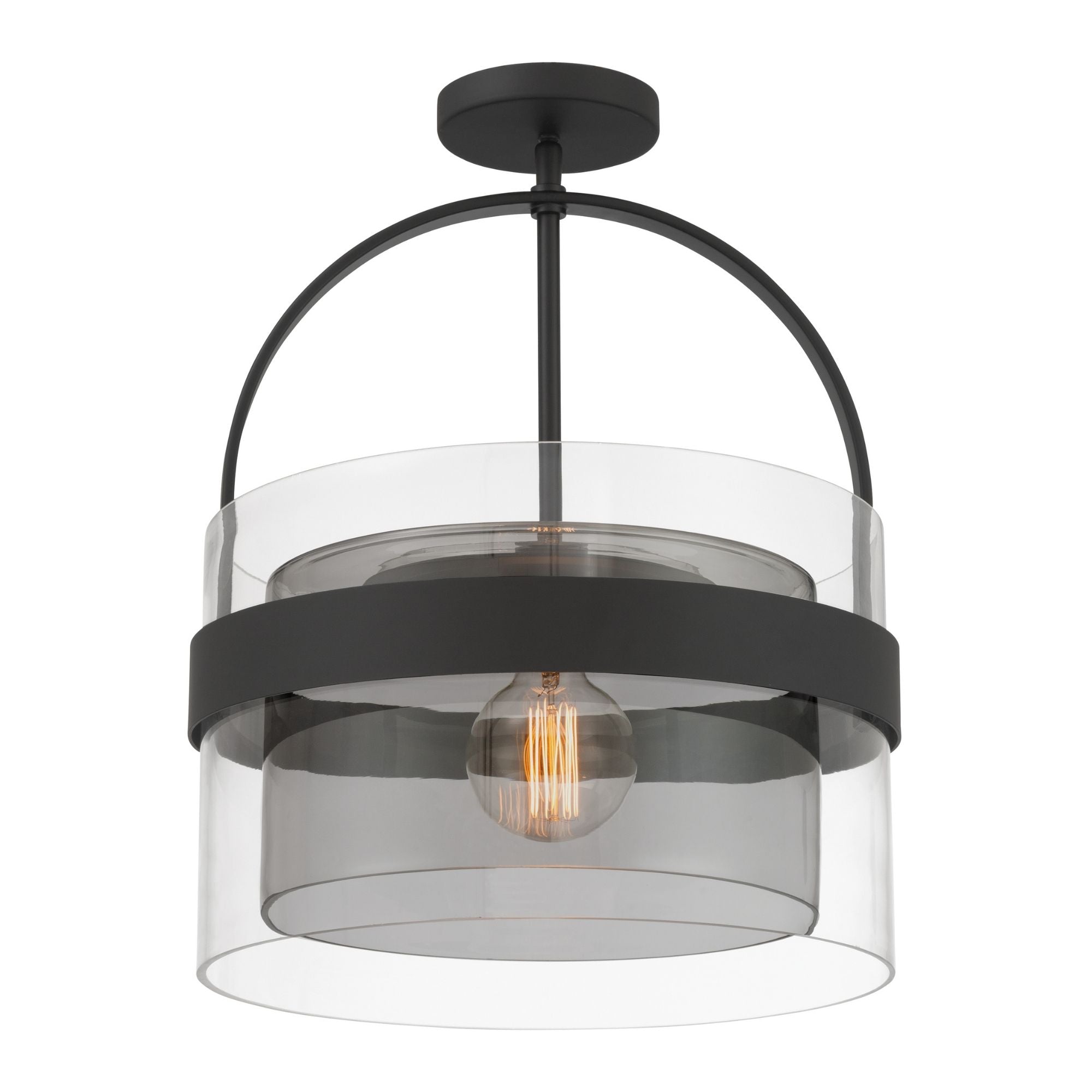 Minka-Lavery Ravik 15.5 in. Semi-Flush Mount Light, Dark Matte Black with Clear and Grey Glass Drum