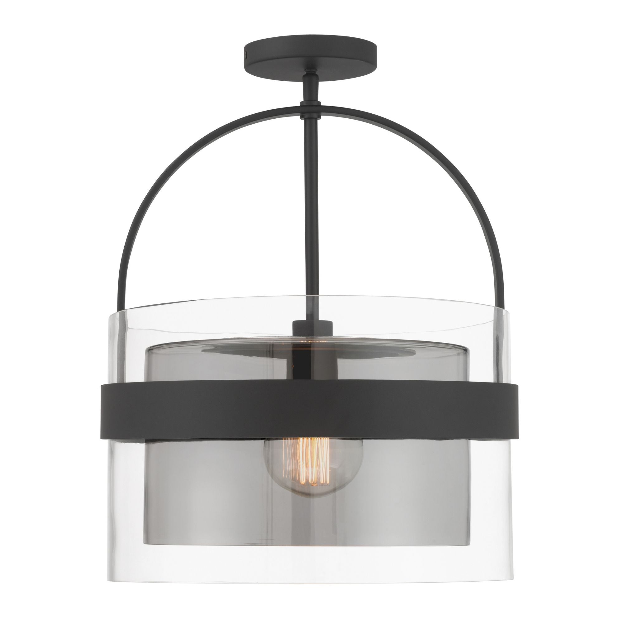 Minka-Lavery Ravik 15.5 in. Semi-Flush Mount Light, Dark Matte Black with Clear and Grey Glass Drum