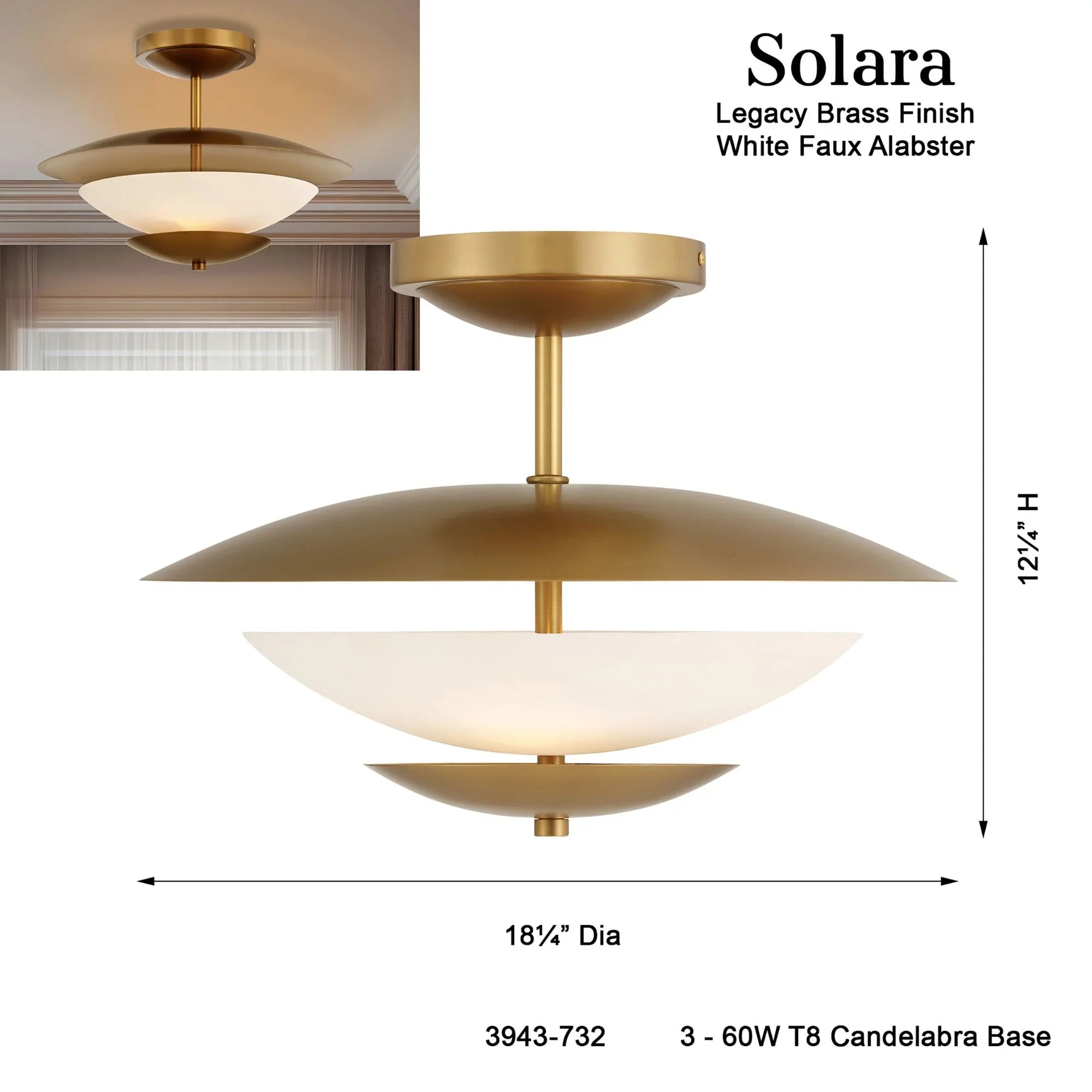 Solara 18" 3-Light Semi-Flush Mount, Legacy Brass Finish