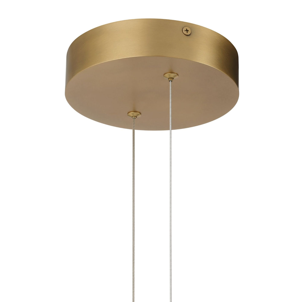 Round legacy brass ceiling canopy with two hanging stems for a linear chandelier